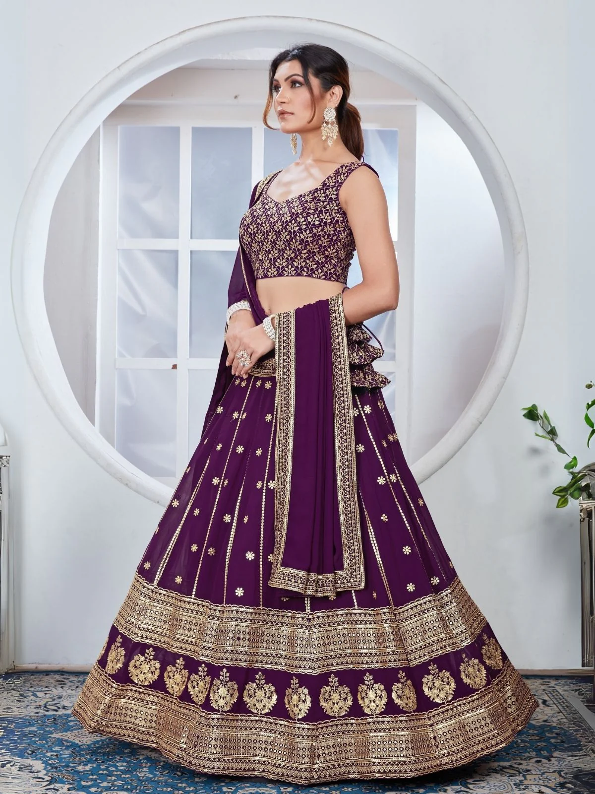 Odette Purple Georgette Thread & Sequins Embroidered Semi-Stitched Lehenga For Women - Image 3