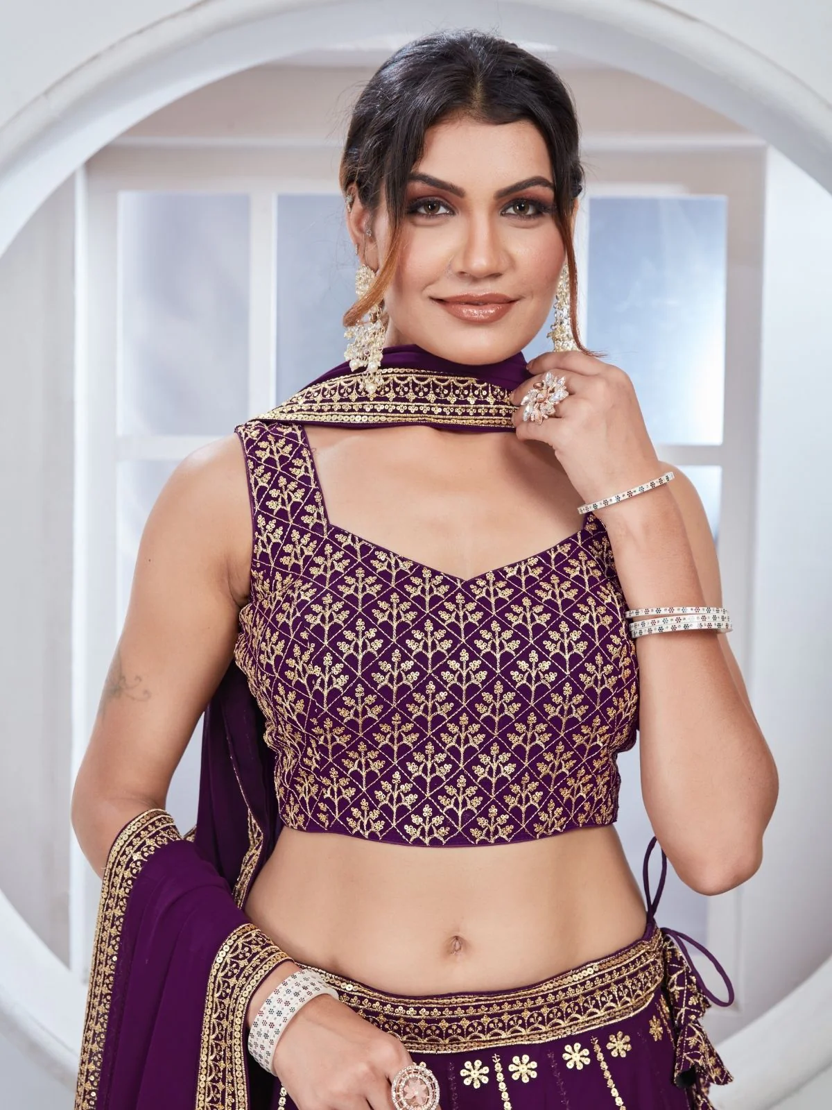 Odette Purple Georgette Thread & Sequins Embroidered Semi-Stitched Lehenga For Women - Image 4