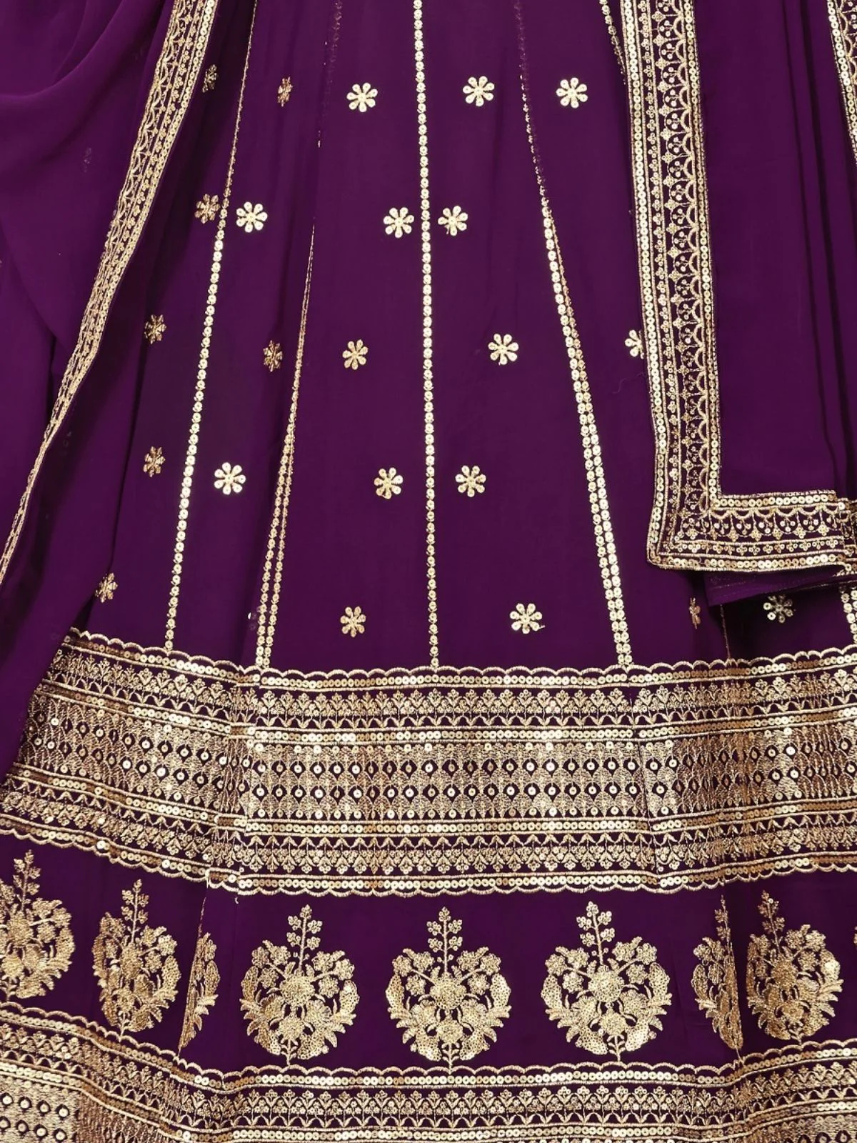 Odette Purple Georgette Thread & Sequins Embroidered Semi-Stitched Lehenga For Women - Image 5