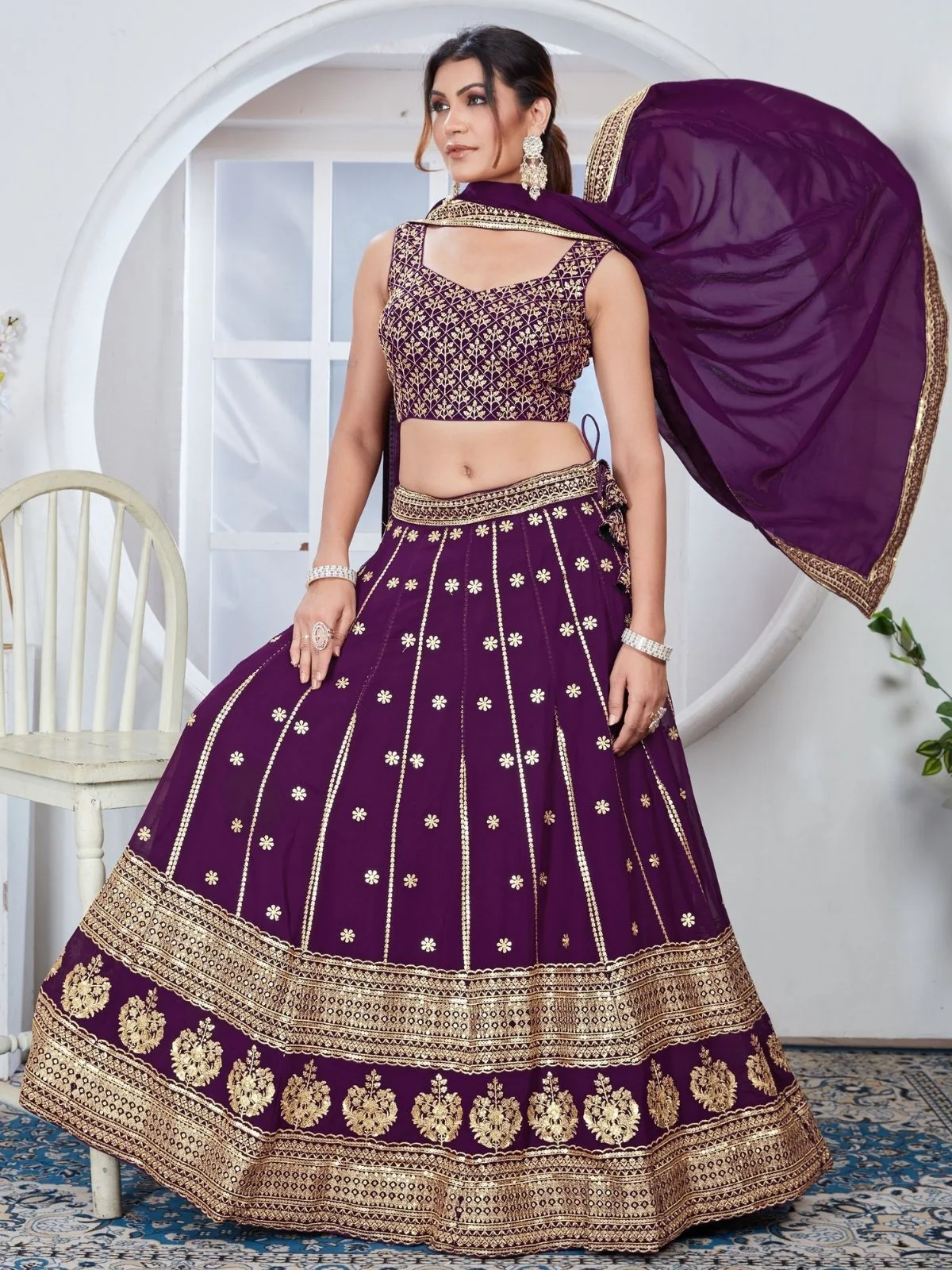 Odette Purple Georgette Thread & Sequins Embroidered Semi-Stitched Lehenga For Women - Image 6