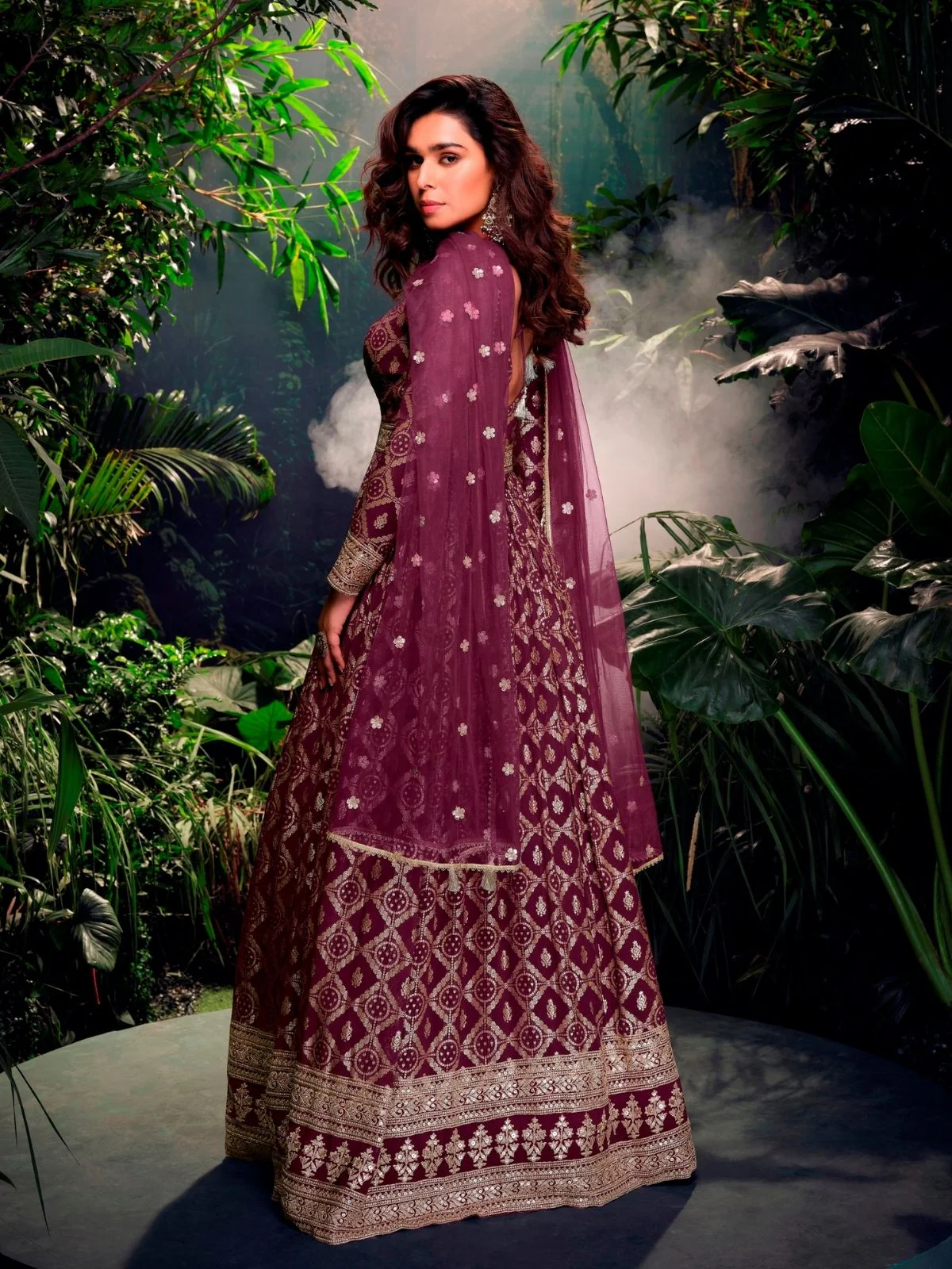 Odette Wine Jacquard Embroidered Semi Stitched Kurta With Dupatta For Women - Image 2