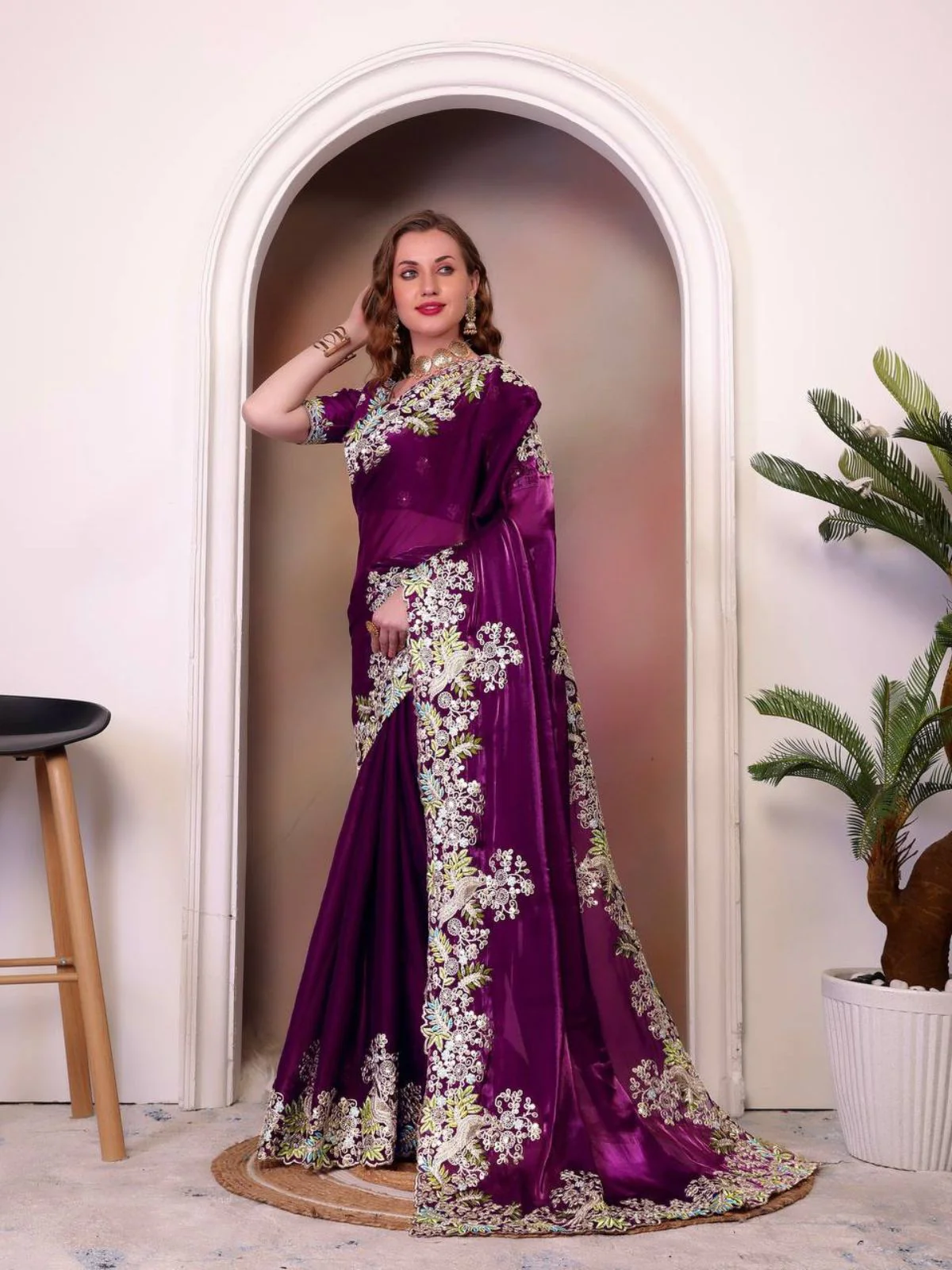 Odette Wine Jimmy Choo Embellished Saree For Women - Image 2