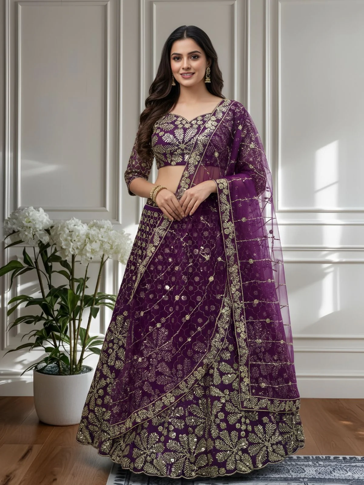 Odette Wine Net Embellished Semi Stitched Lehenga For Women