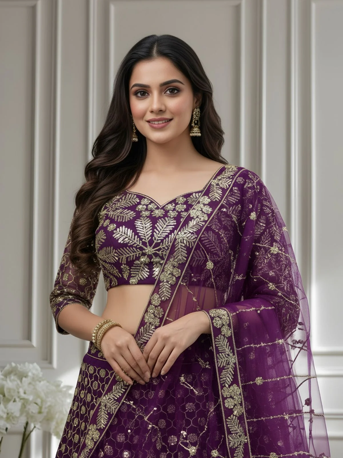 Odette Wine Net Embellished Semi Stitched Lehenga For Women - Image 4