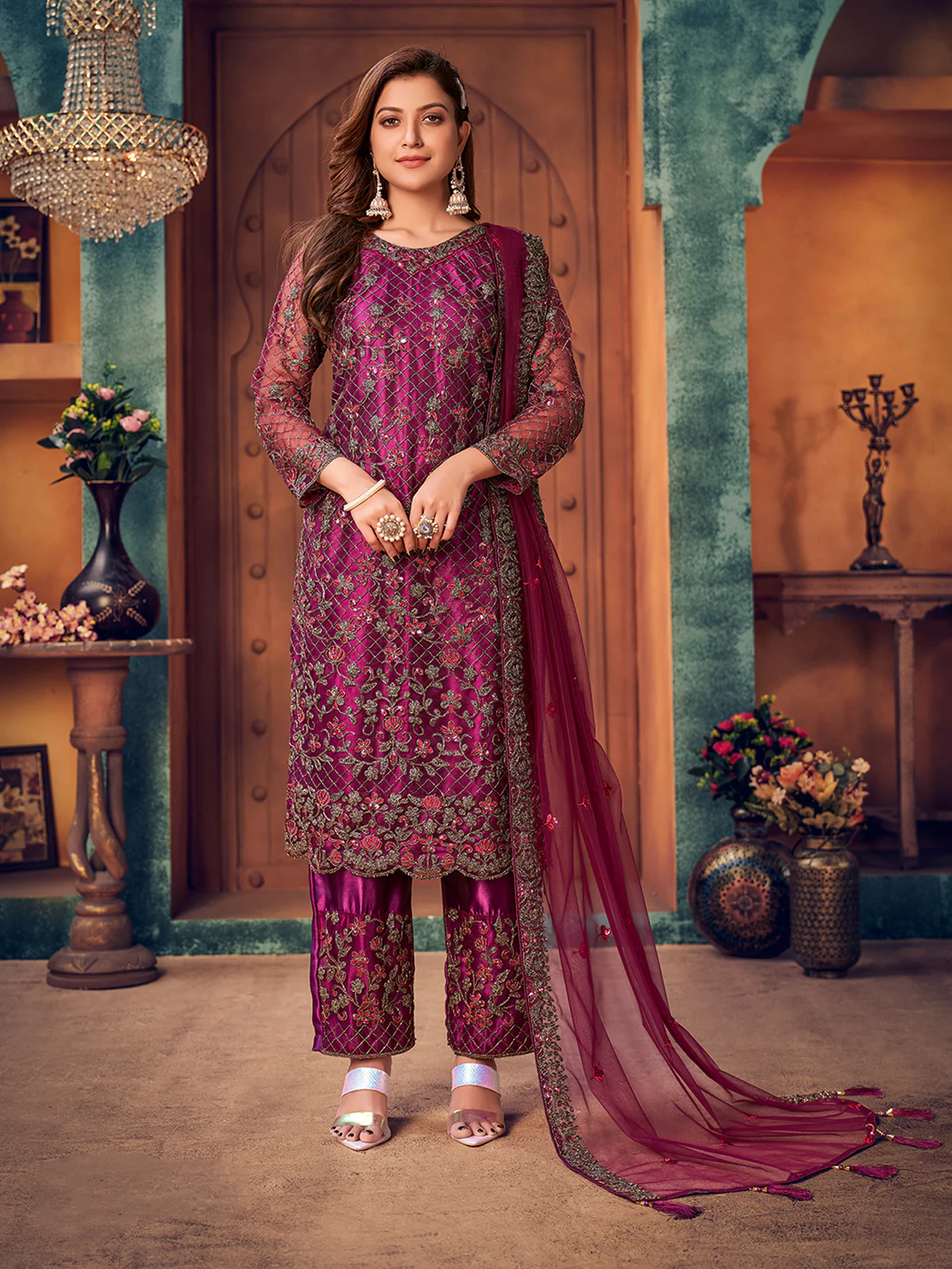 Odette Wine Net Embroidered Semi stitched Kurta Set with Inner For Women - Image 2
