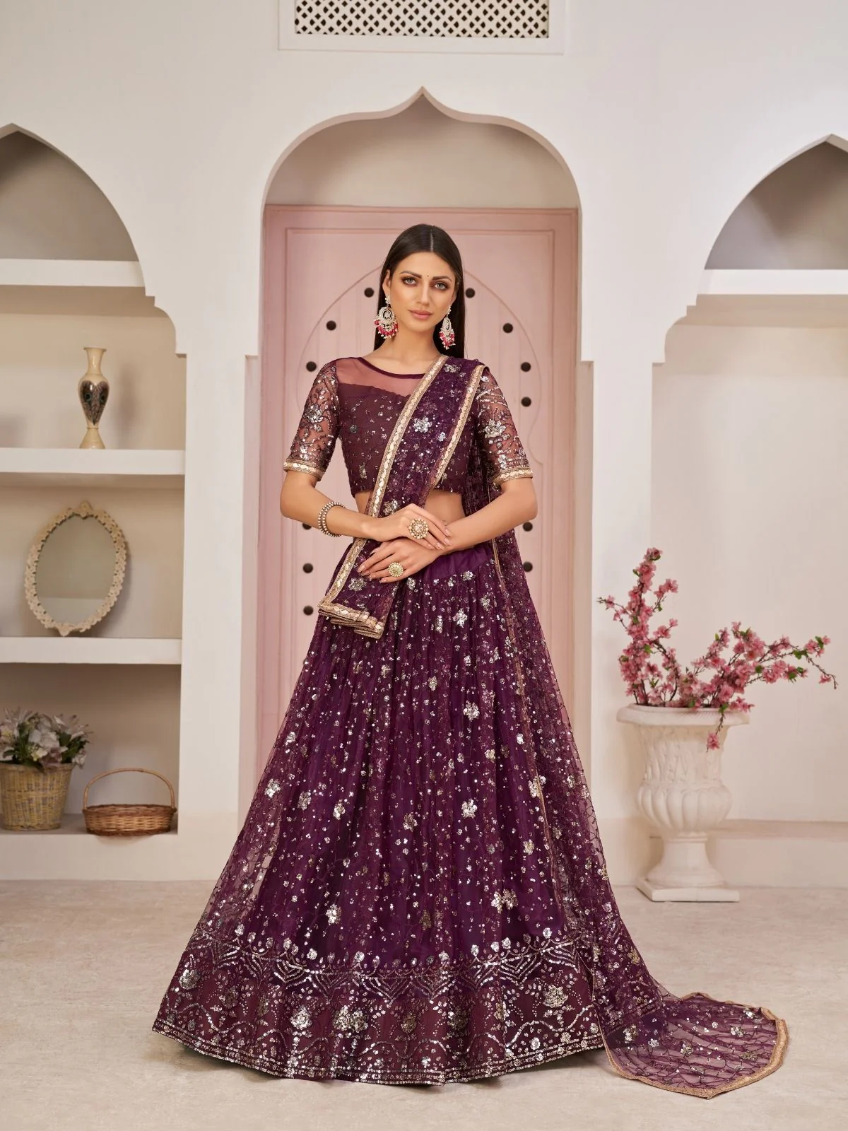 Odette Wine Net Embroidered Semi Stitched Lehenga For Women