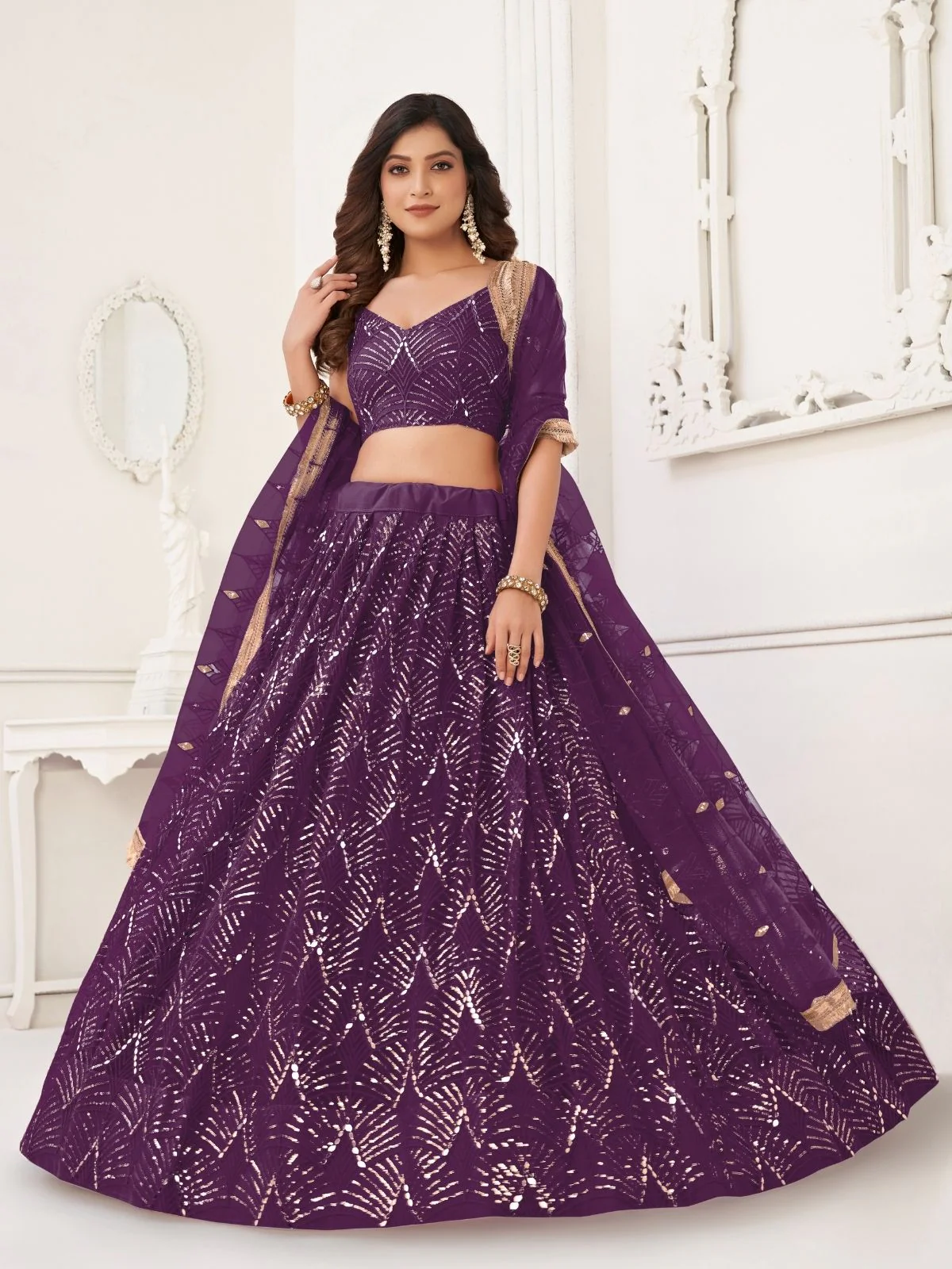 Odette Wine Net Embroidered Semi Stitched Lehenga For Women