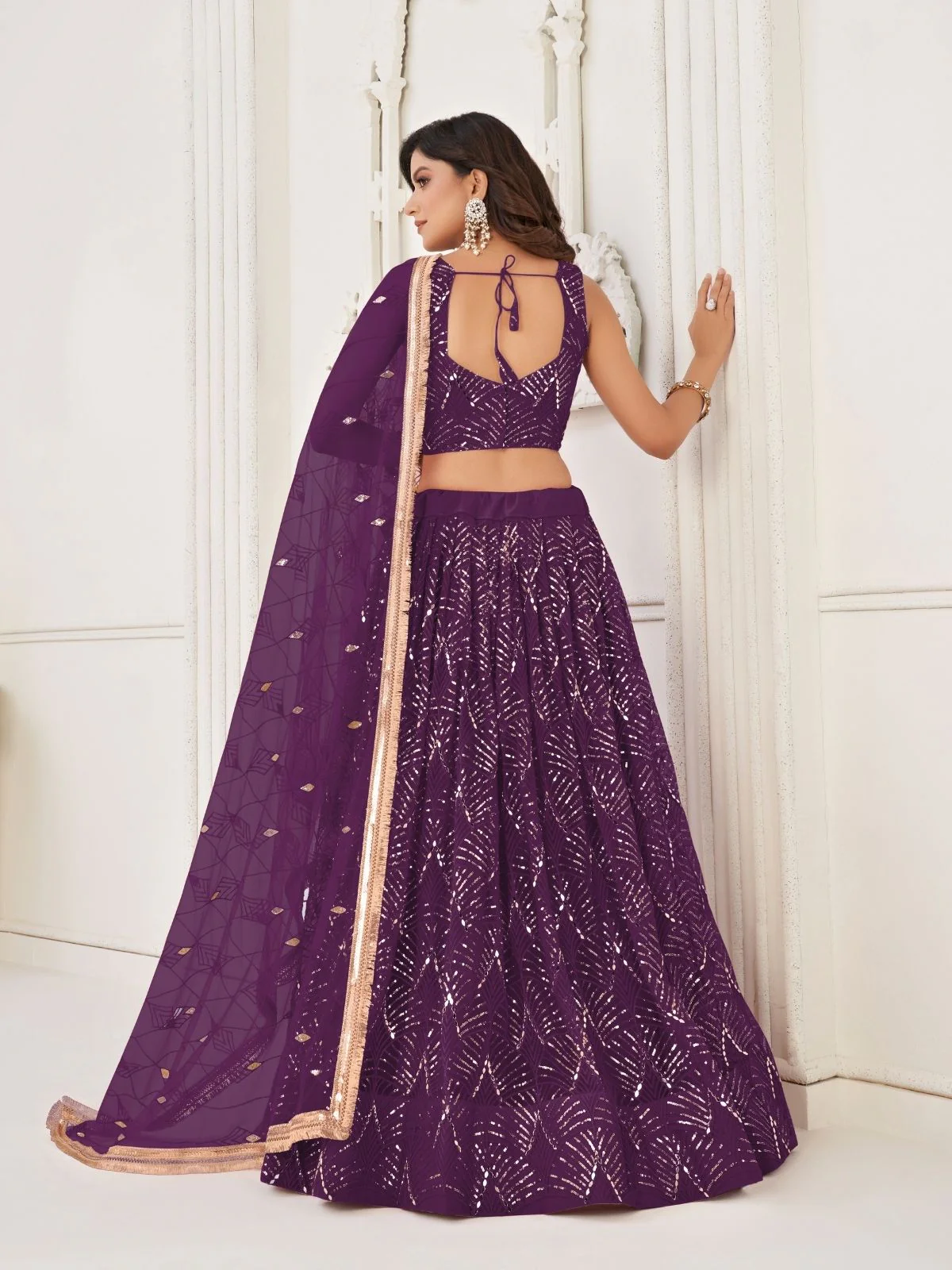 Odette Wine Net Embroidered Semi Stitched Lehenga For Women - Image 3