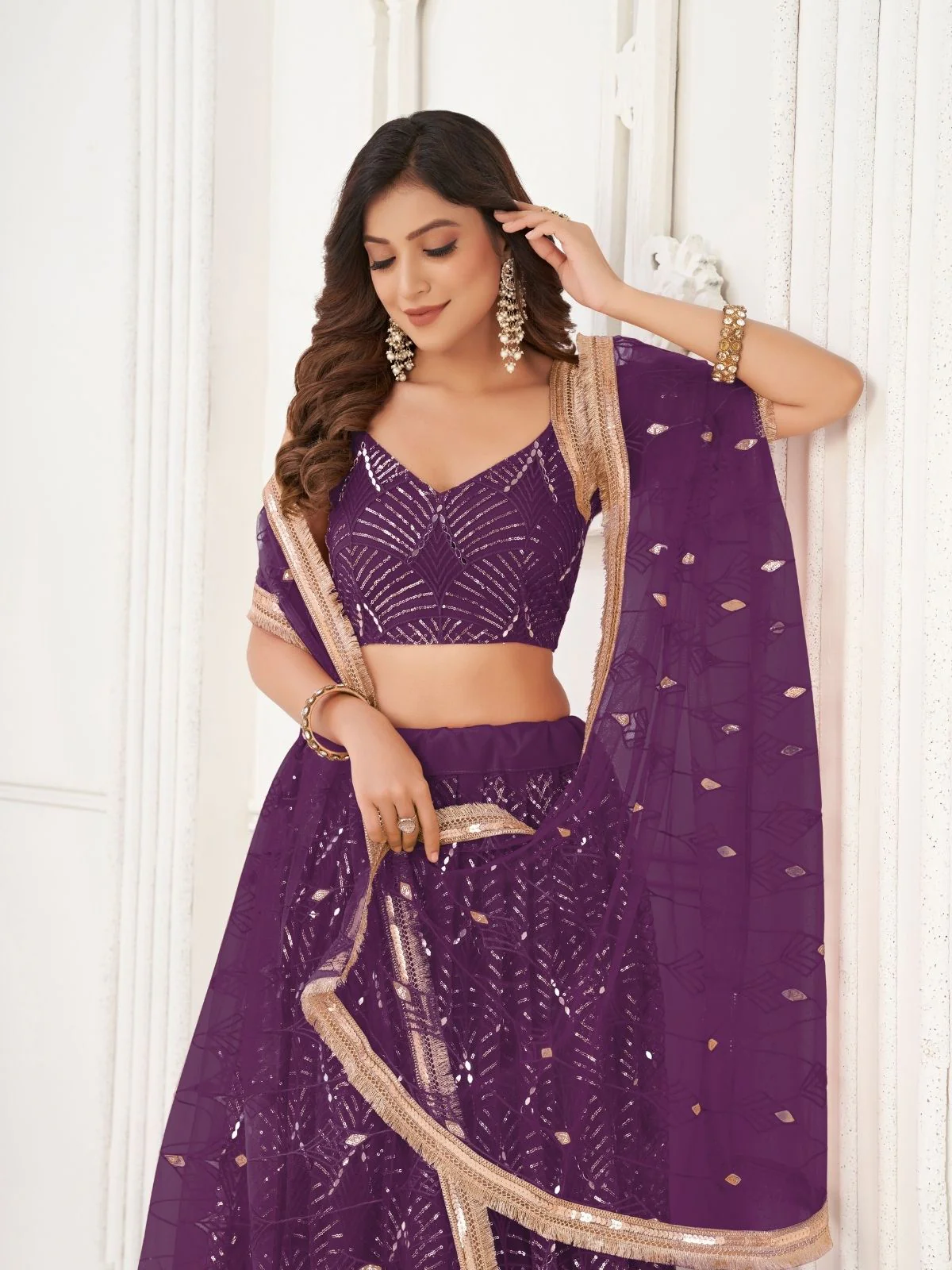 Odette Wine Net Embroidered Semi Stitched Lehenga For Women - Image 4