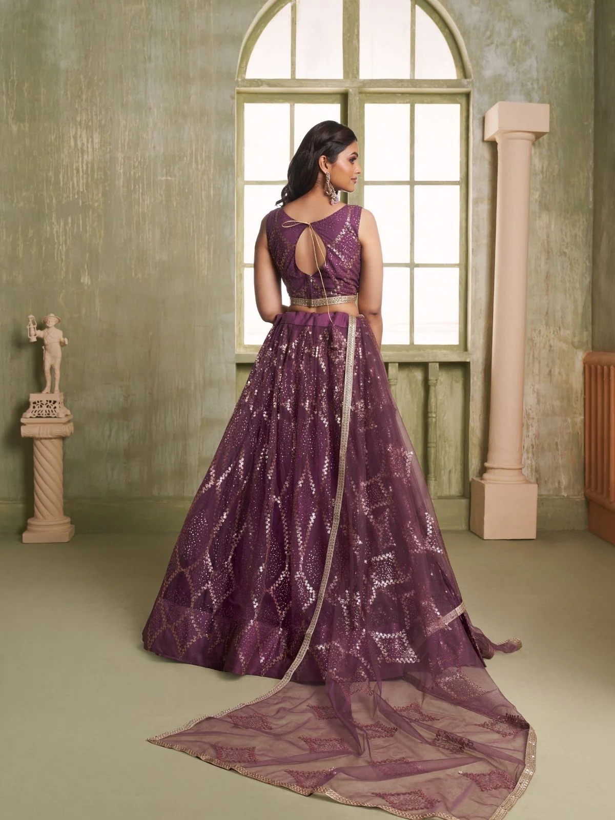 Odette Wine Net Embroidered Semi Stitched Lehenga For Women - Image 3