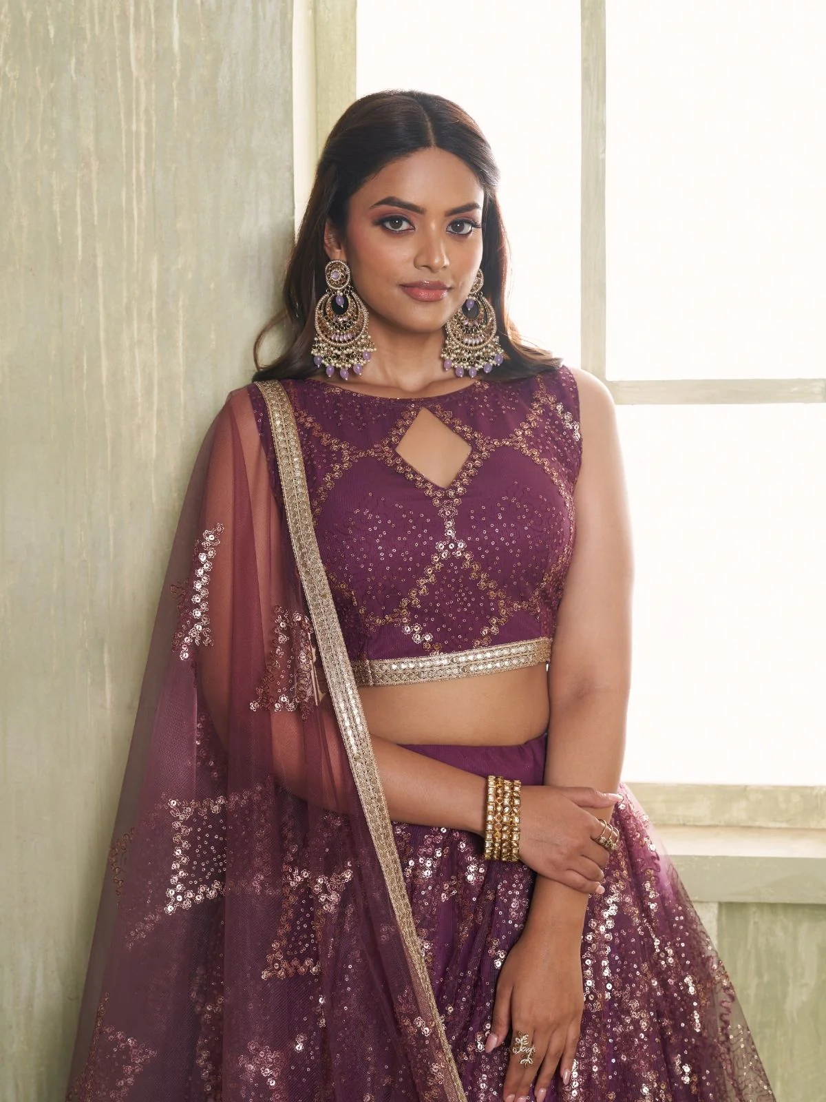 Odette Wine Net Embroidered Semi Stitched Lehenga For Women - Image 4