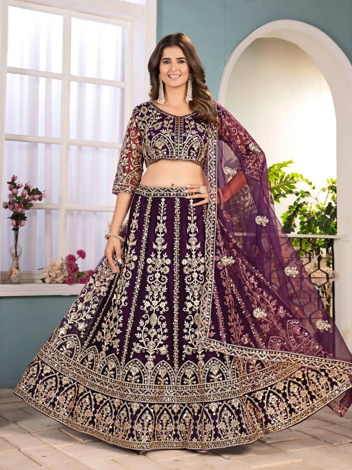 Odette Wine Net Sequence Embroidered Semi-Stitched Lehenga For Women