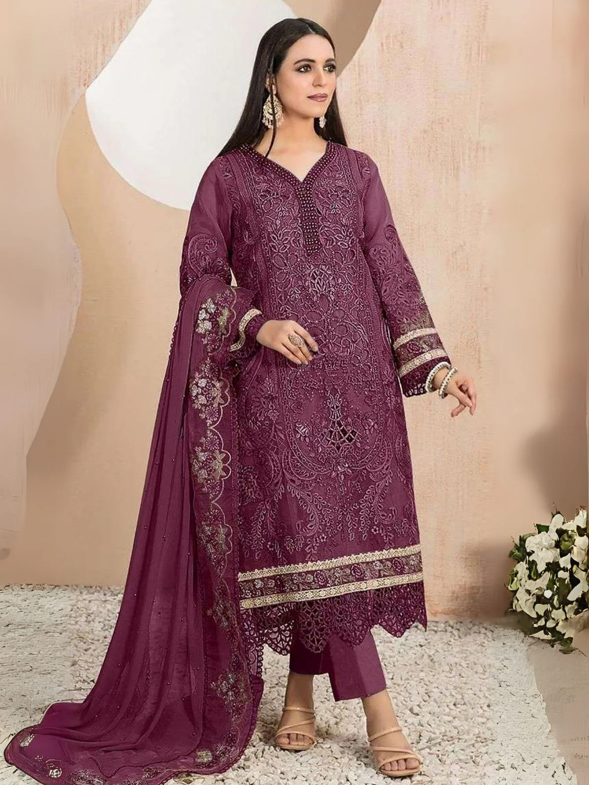Odette Wine Organza Embroidered Semi-Stitched Kurta Set For Women