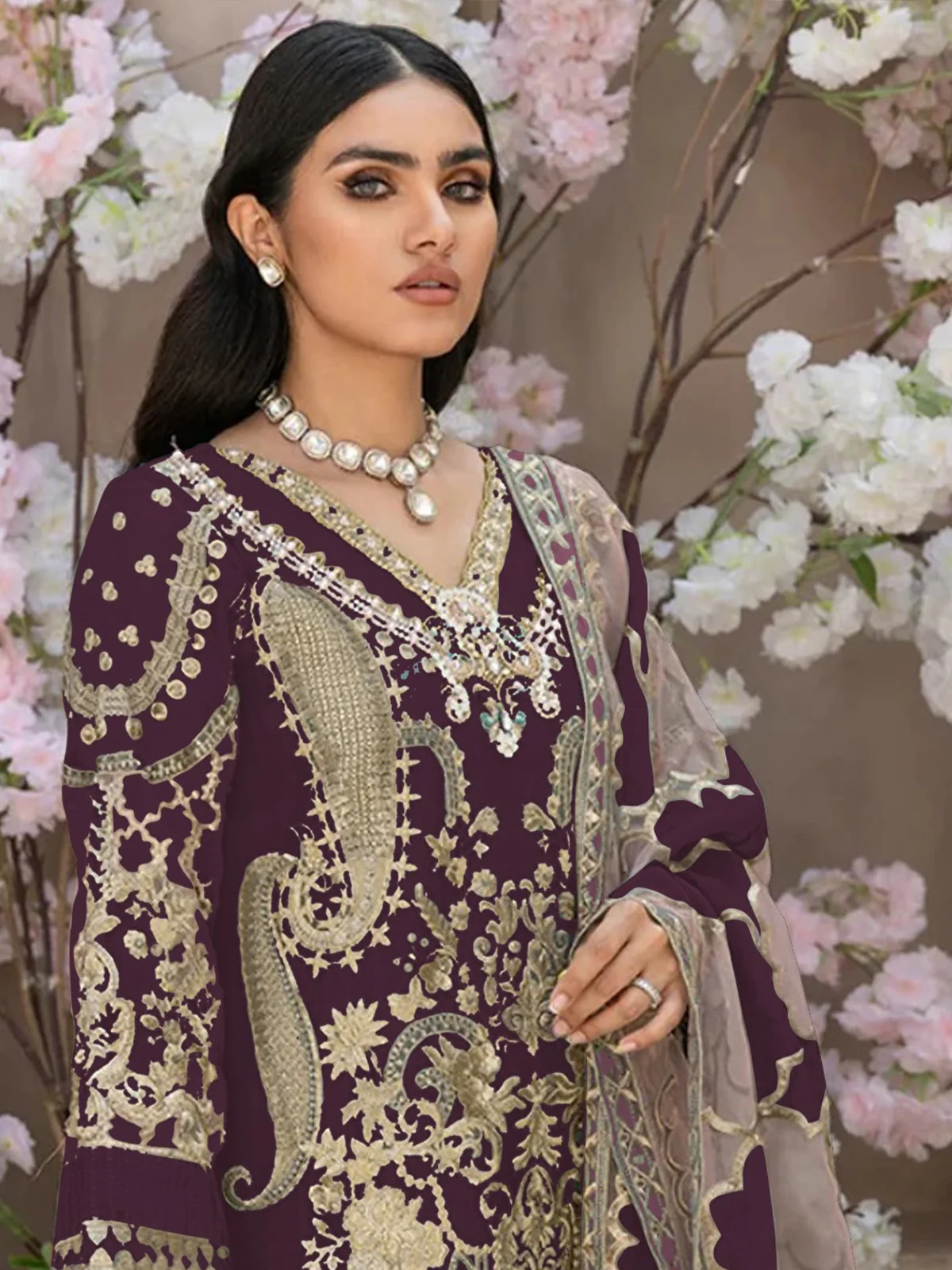 Odette Wine Organza Embroidered Semi Stitched Salwar Suit For Women - Image 2