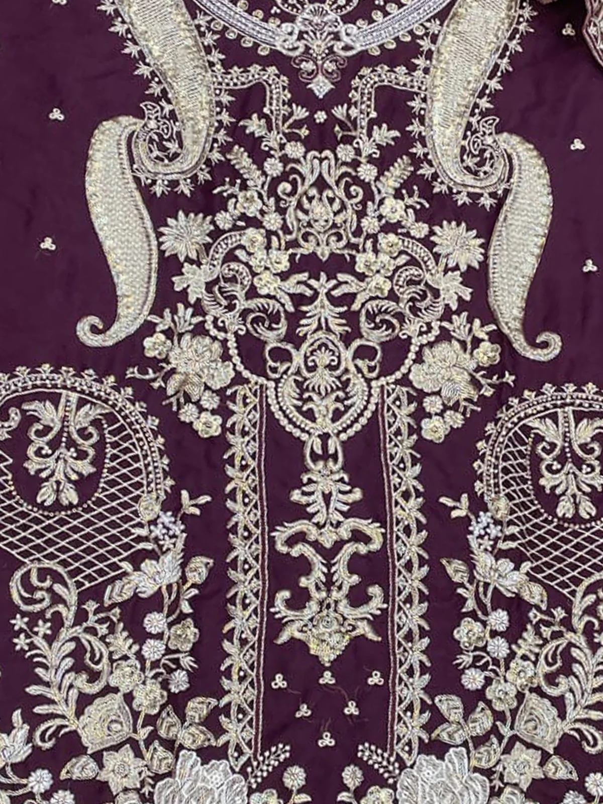 Odette Wine Organza Embroidered Semi Stitched Salwar Suit For Women - Image 3