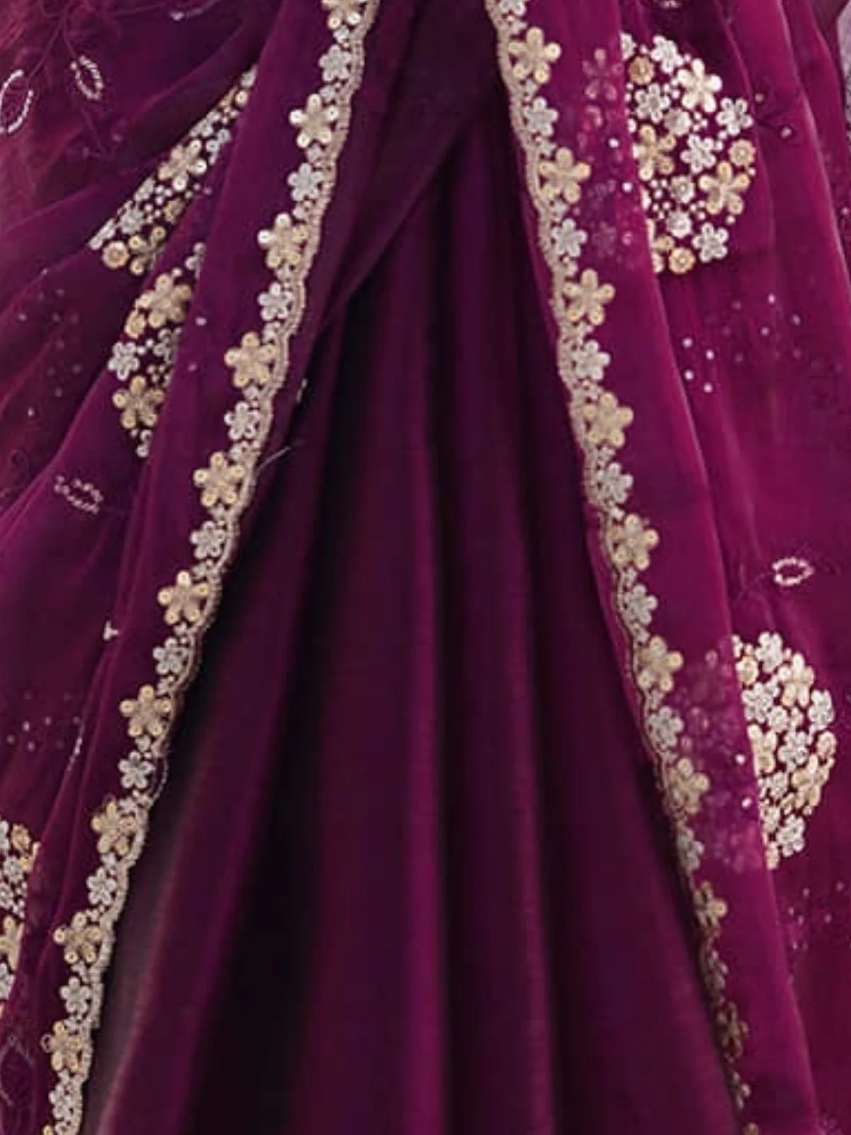 Odette Wine Organza Embroidered Solid Saree For Women - Image 5
