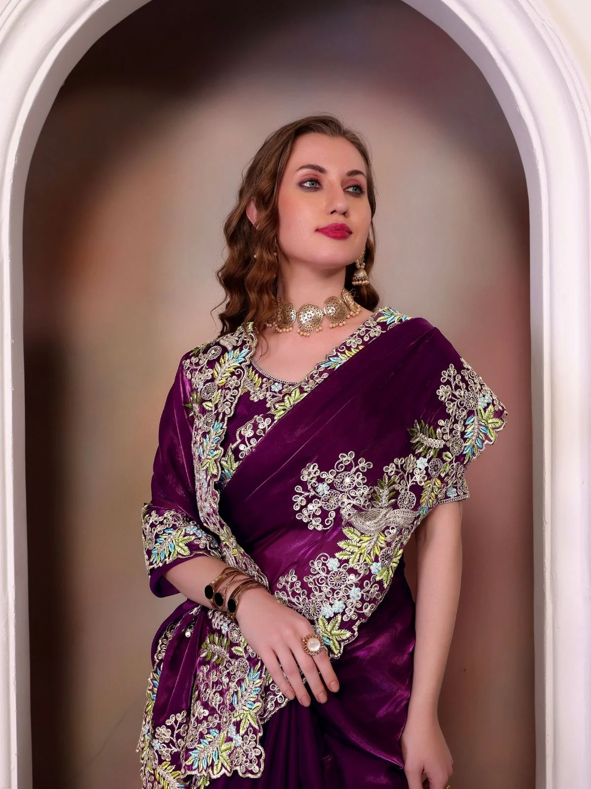 Odette Wine Organza Embroidered Solid Saree For Women - Image 4