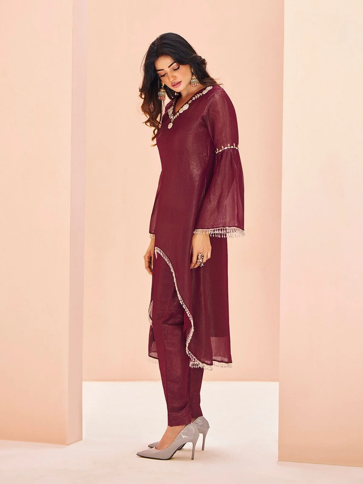 Odette Wine Organza Embroidered Stitched Kurta Set For Women - Image 3