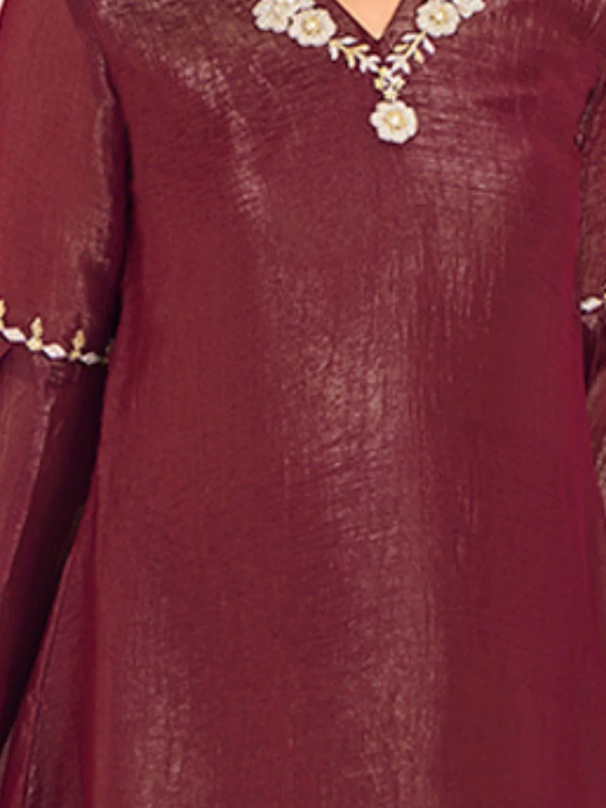 Odette Wine Organza Embroidered Stitched Kurta Set For Women - Image 7