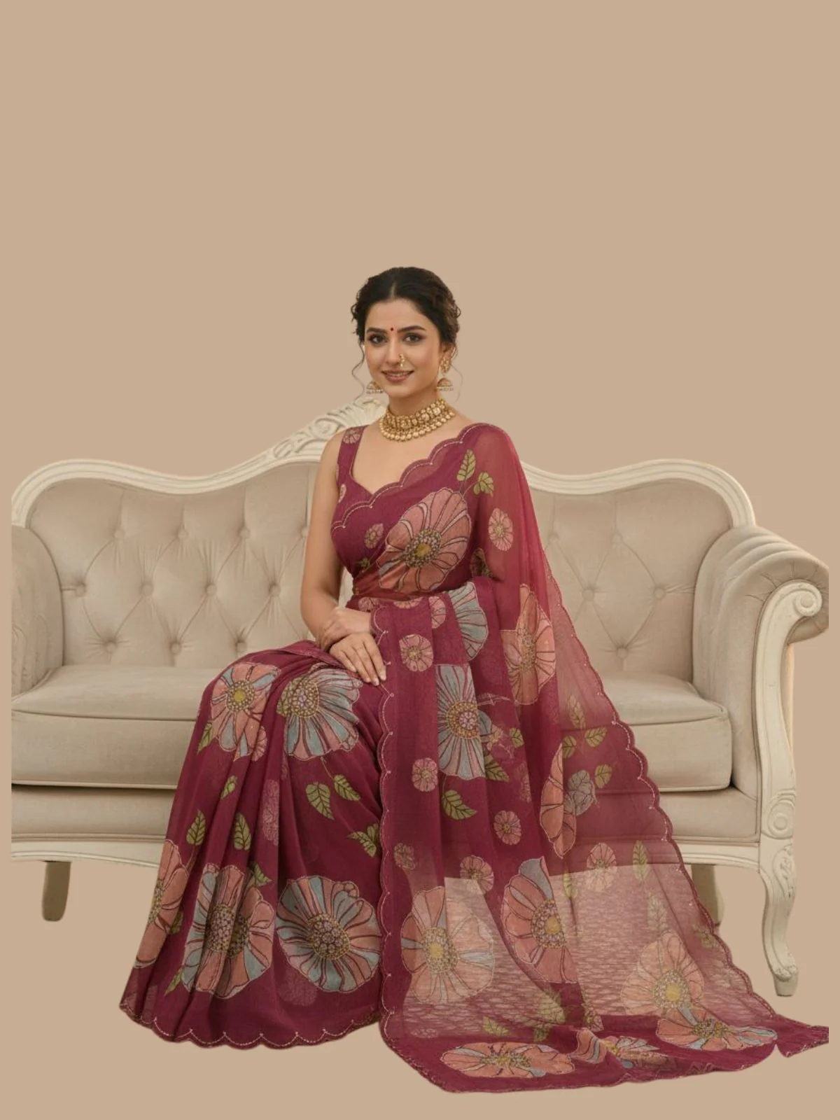 Odette Wine Organza Printed Saree For Women - Image 2