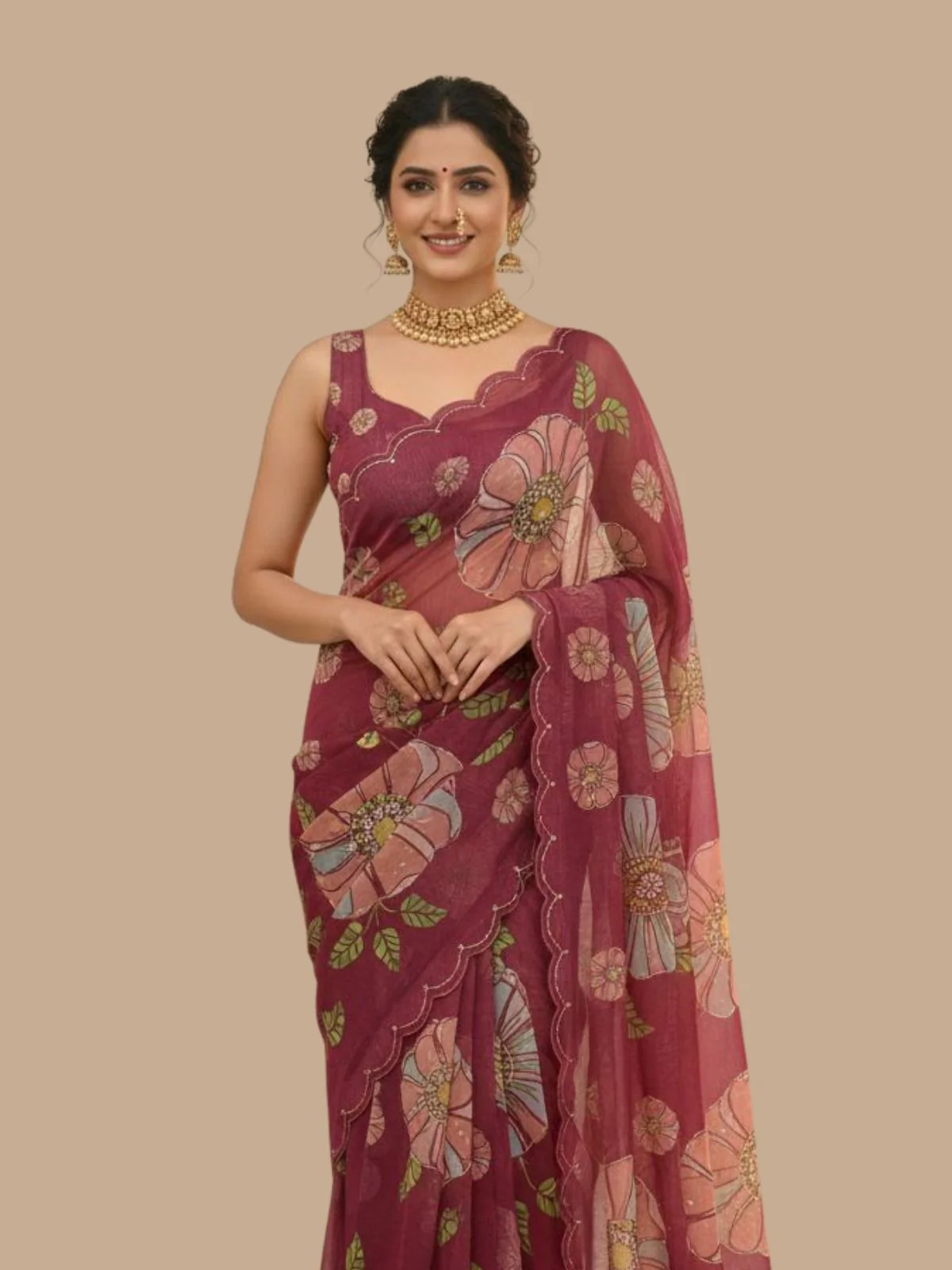 Odette Wine Organza Printed Saree For Women - Image 3