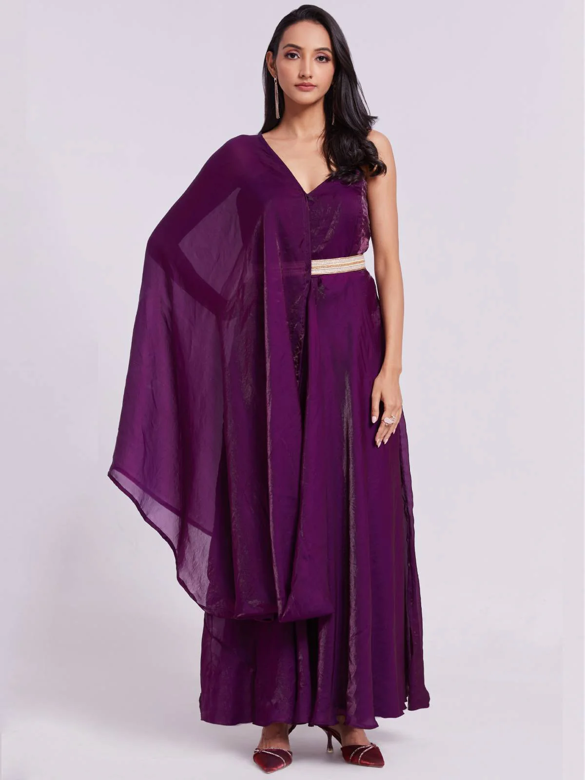 Odette Wine Organza Solid Stitched Kurta Set For Women - Image 2