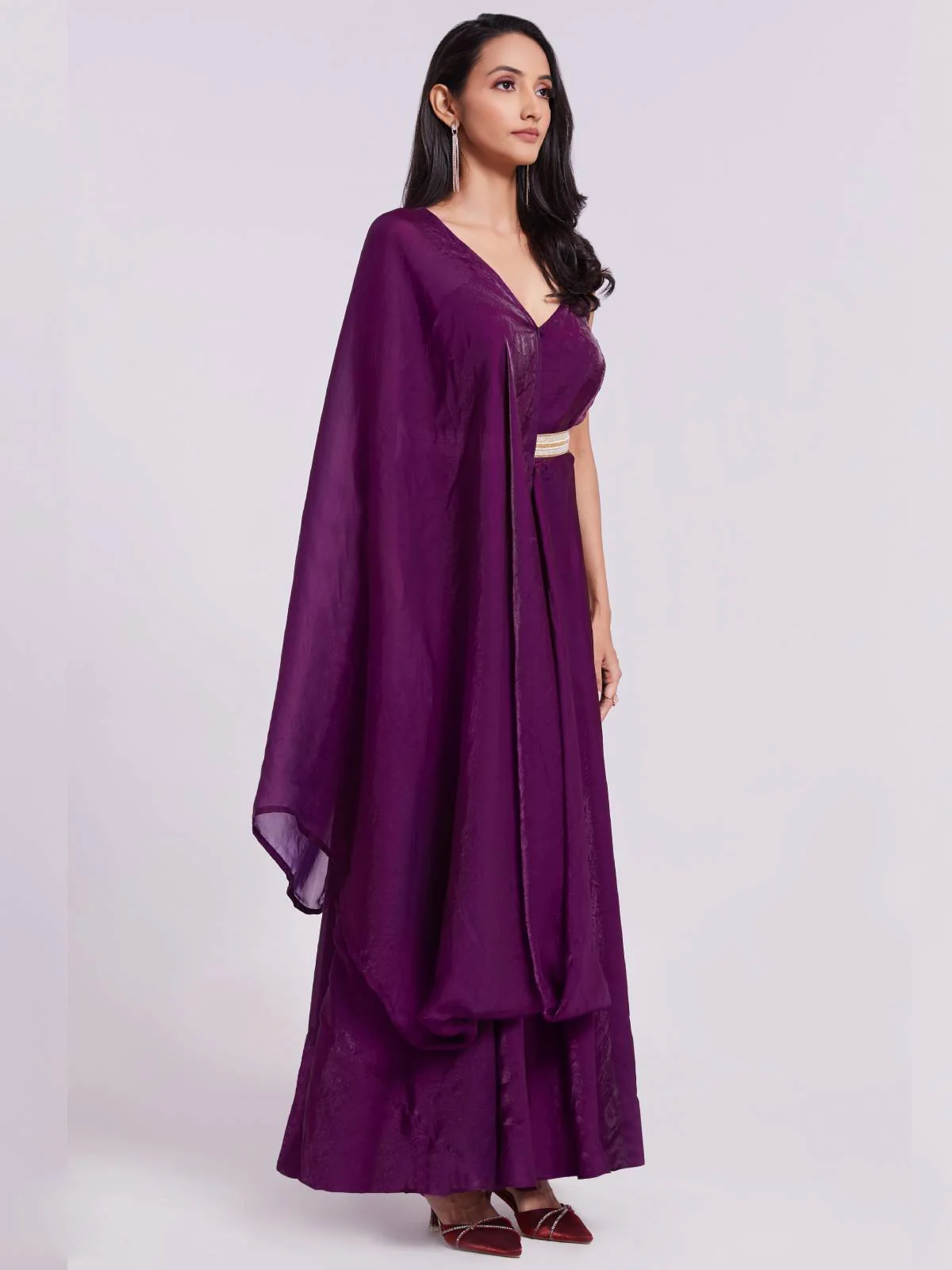 Odette Wine Organza Solid Stitched Kurta Set For Women - Image 4