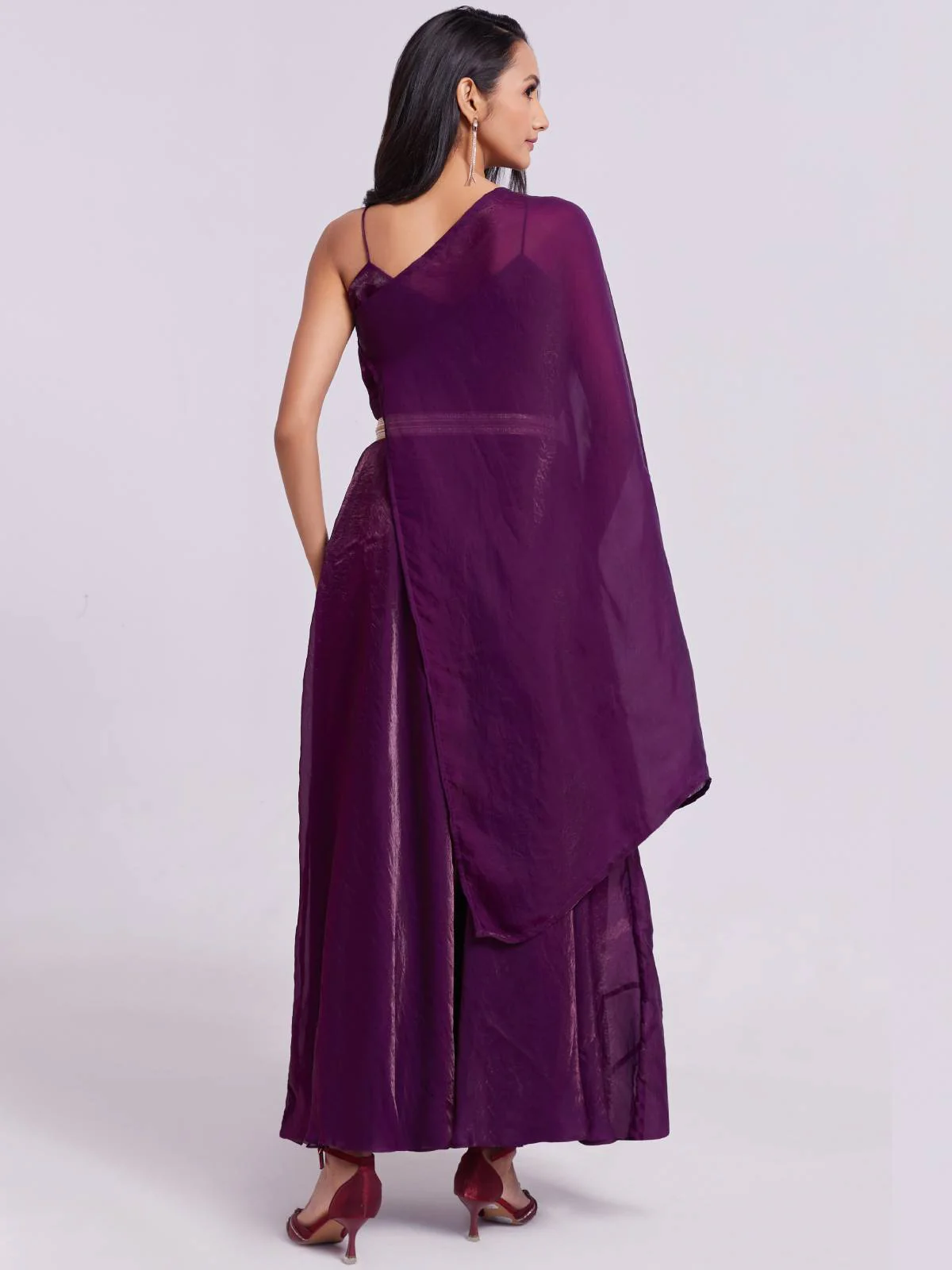 Odette Wine Organza Solid Stitched Kurta Set For Women - Image 6