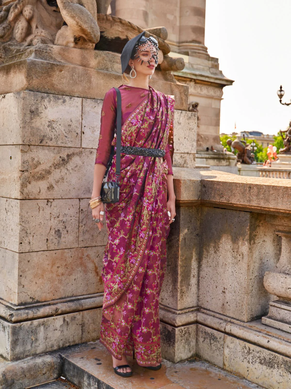 Odette Wine Organza Woven Saree With Unstitched Blouse For Women - Image 2