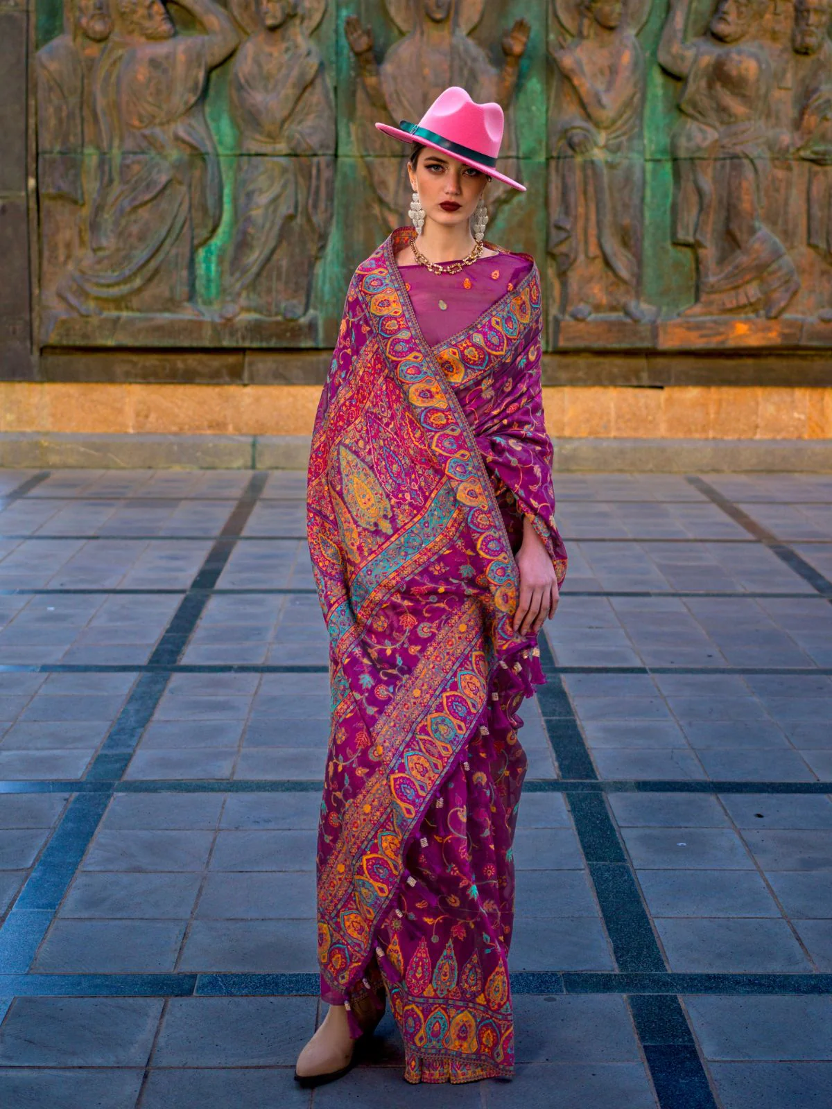 Odette Wine Organza Woven Saree With Unstitched Blouse For Women - Image 2