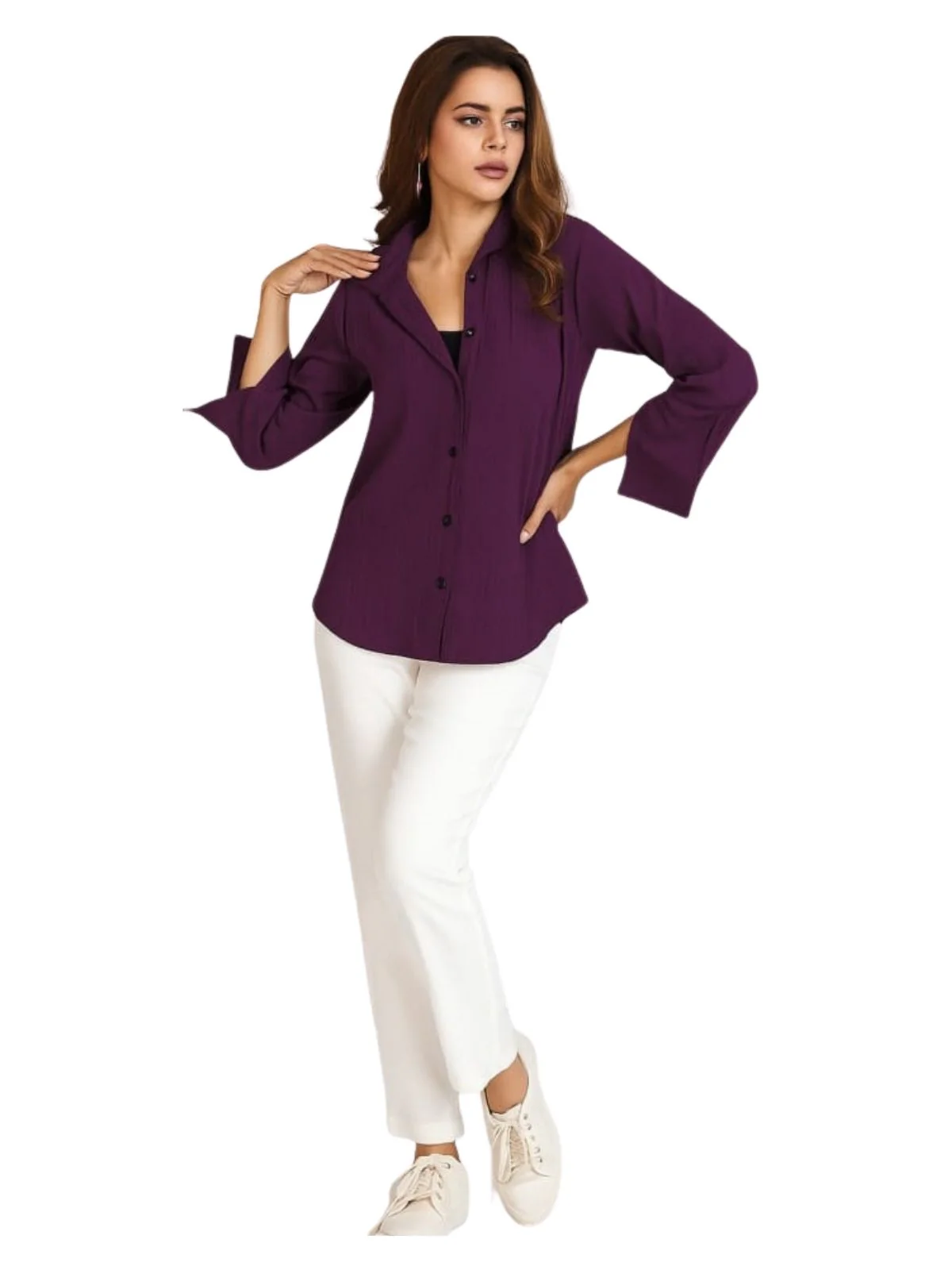 Odette Wine Poly Cotton Solid Shirt For Women