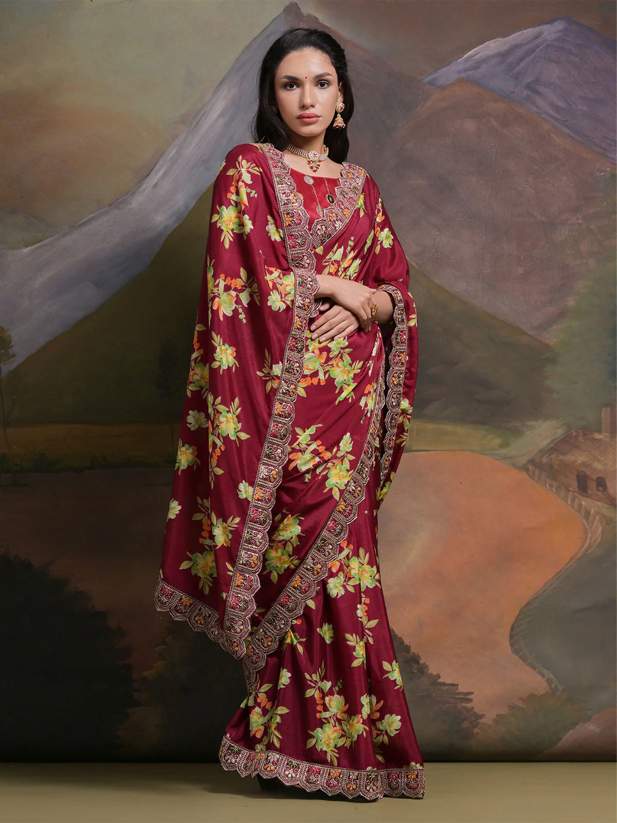 Odette Wine Printed Chiffon Saree With Unstitched Blouse For Women - Image 3