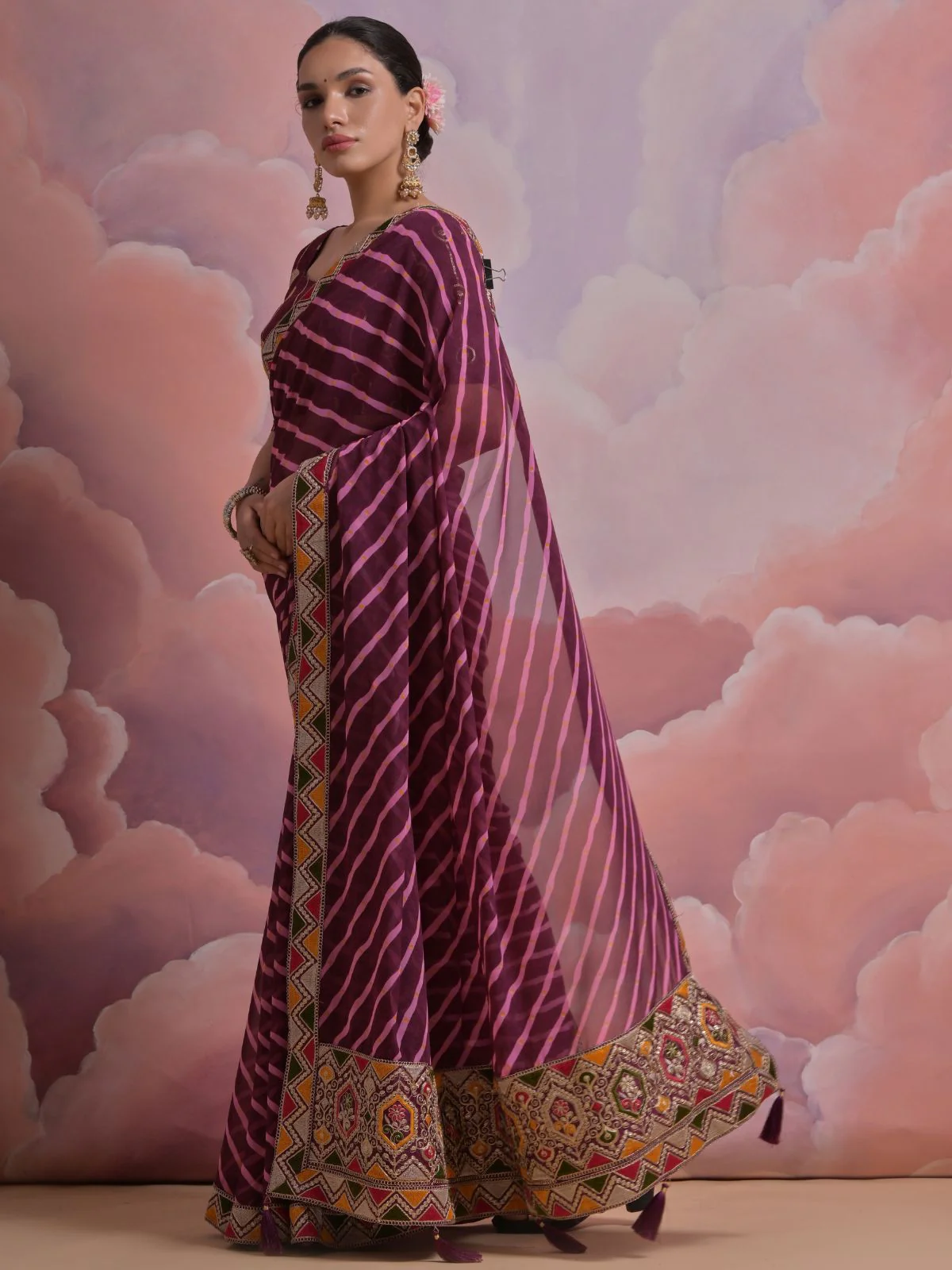 Odette Wine Printed Georgette Saree With Unstitched Blouse For Women - Image 2