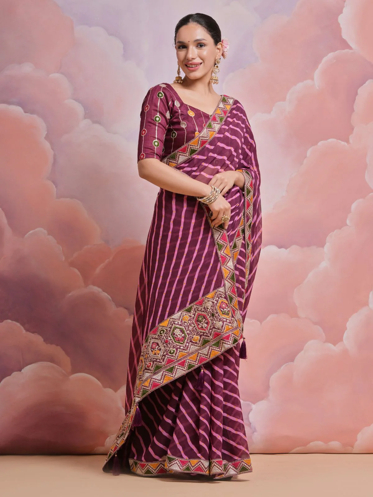 Odette Wine Printed Georgette Saree With Unstitched Blouse For Women - Image 3