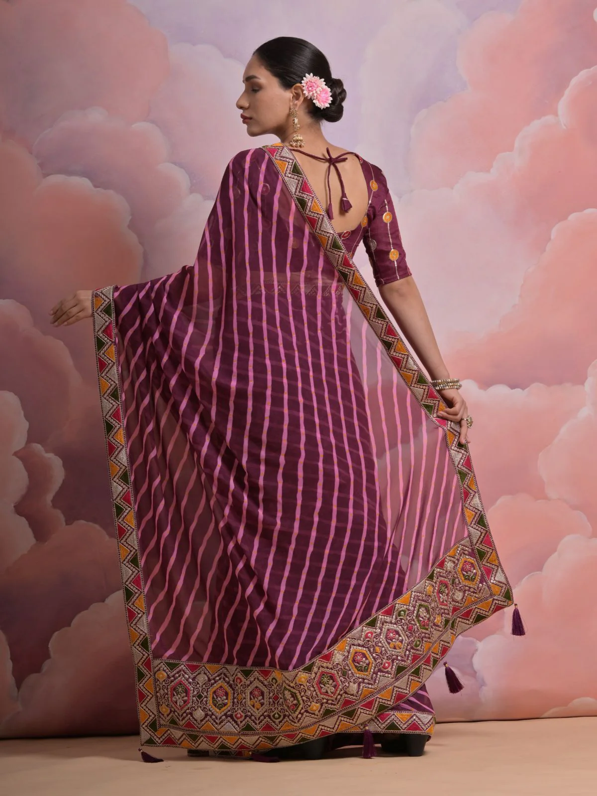 Odette Wine Printed Georgette Saree With Unstitched Blouse For Women - Image 5