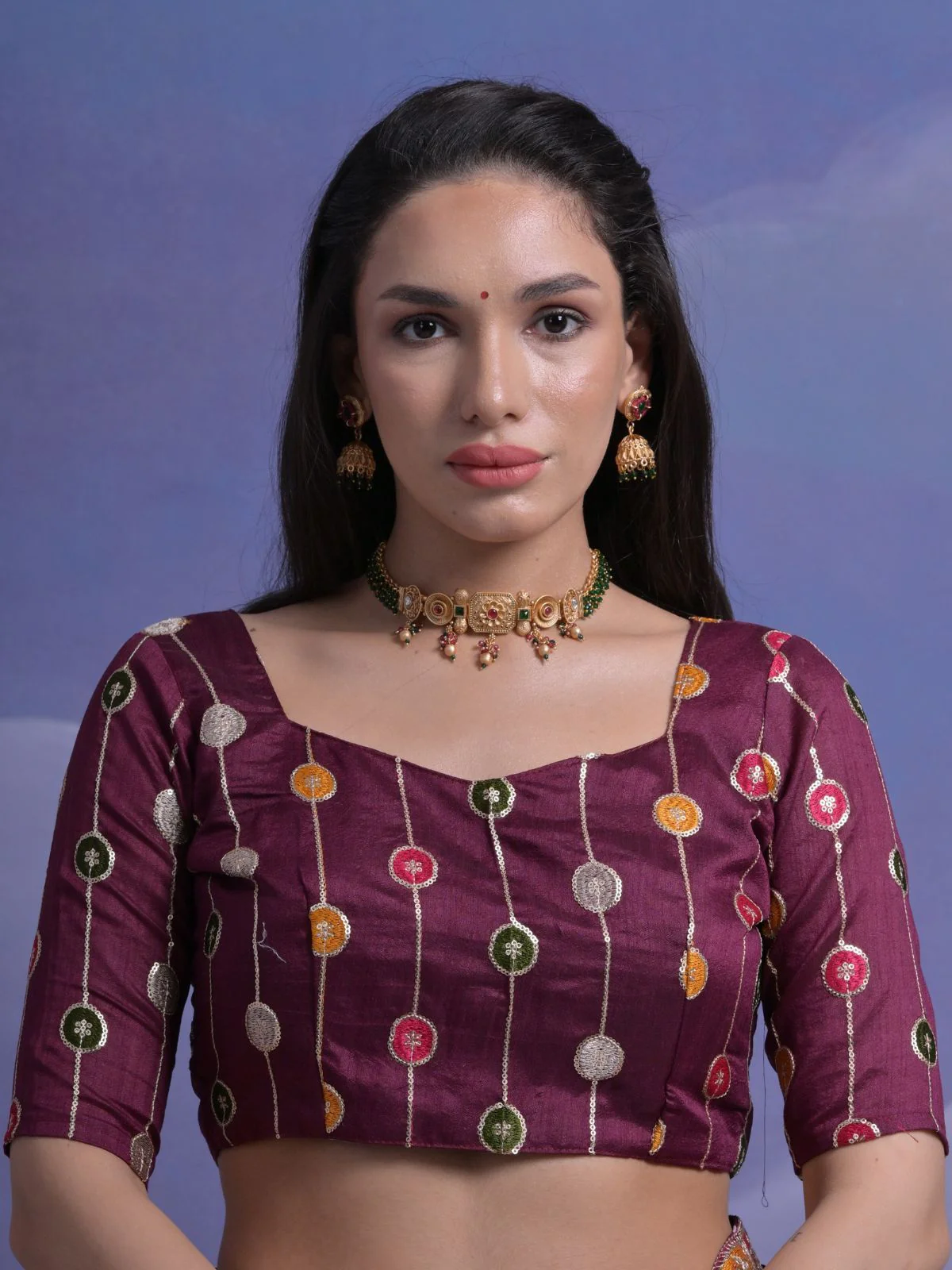 Odette Wine Printed Georgette Saree With Unstitched Blouse For Women - Image 6