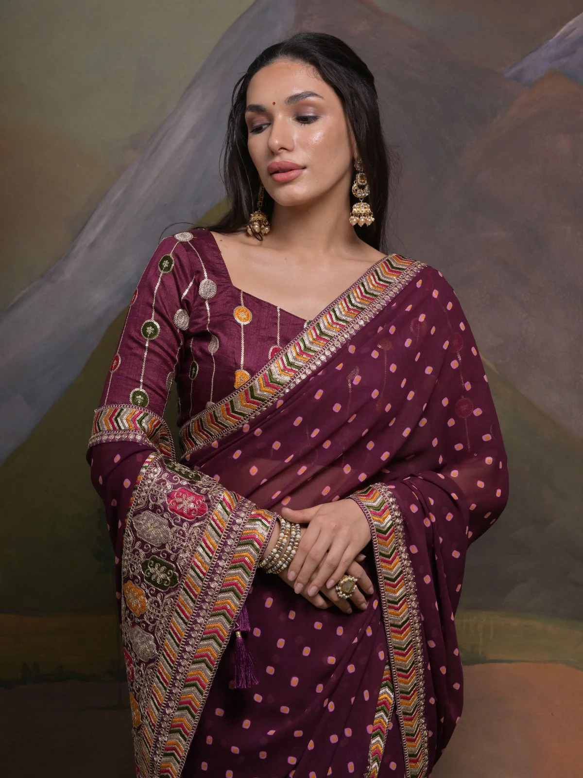 Odette Wine Printed Georgette Saree With Unstitched Blouse For Women - Image 4