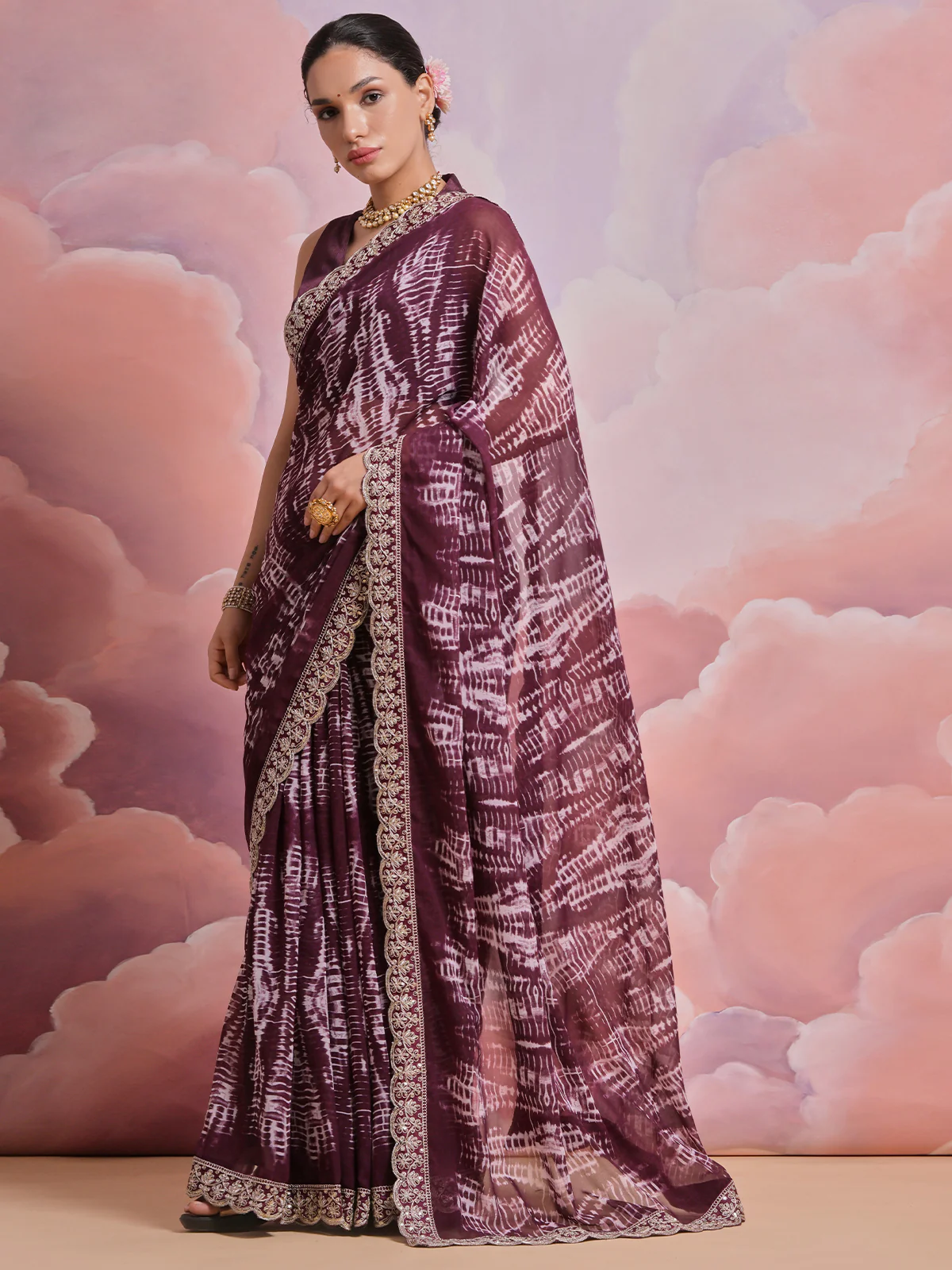Odette Wine Printed Georgette  Saree With Unstitched Blouse For Women - Image 2