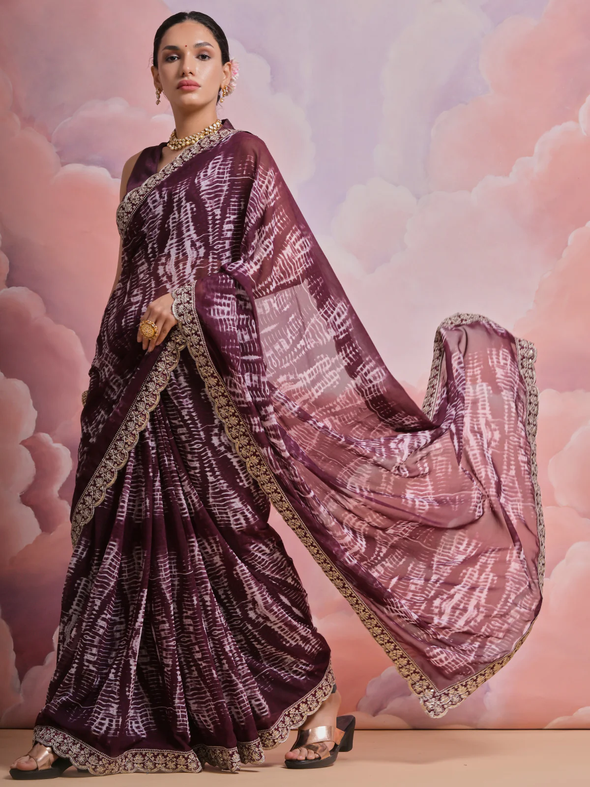 Odette Wine Printed Georgette  Saree With Unstitched Blouse For Women - Image 3