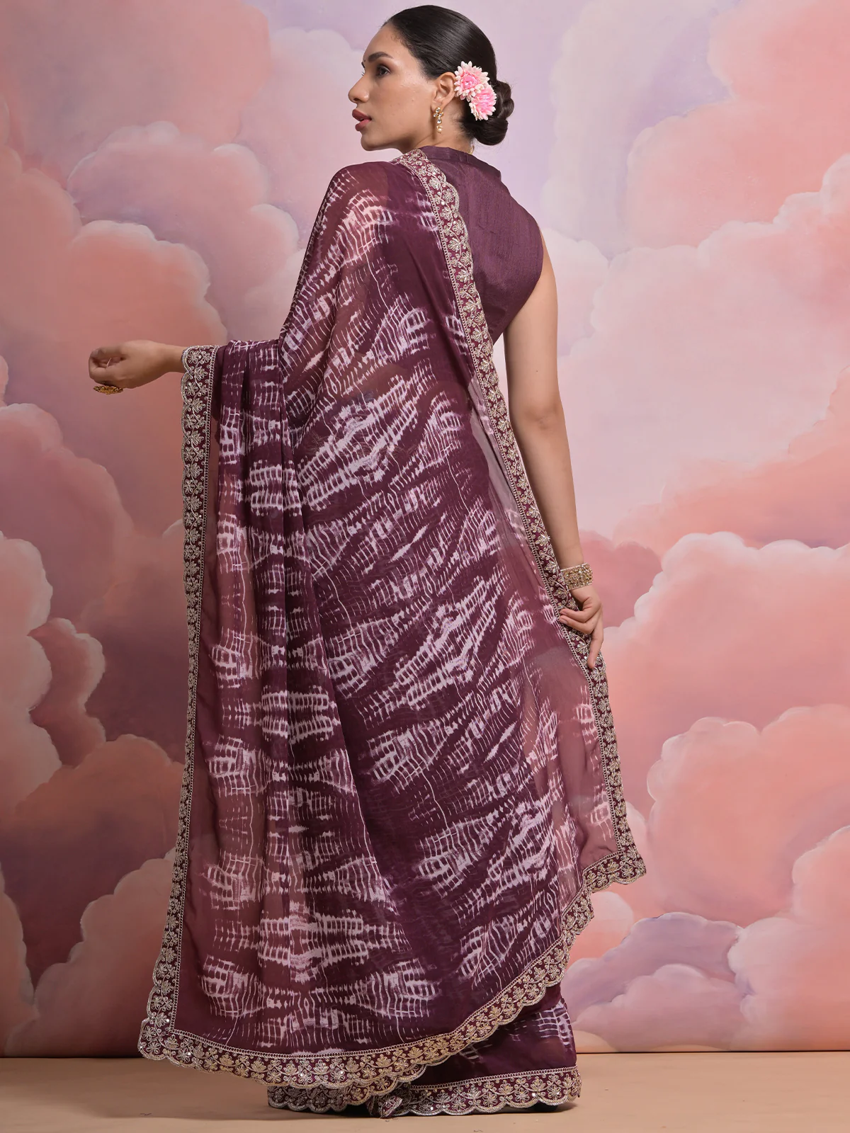 Odette Wine Printed Georgette  Saree With Unstitched Blouse For Women - Image 4