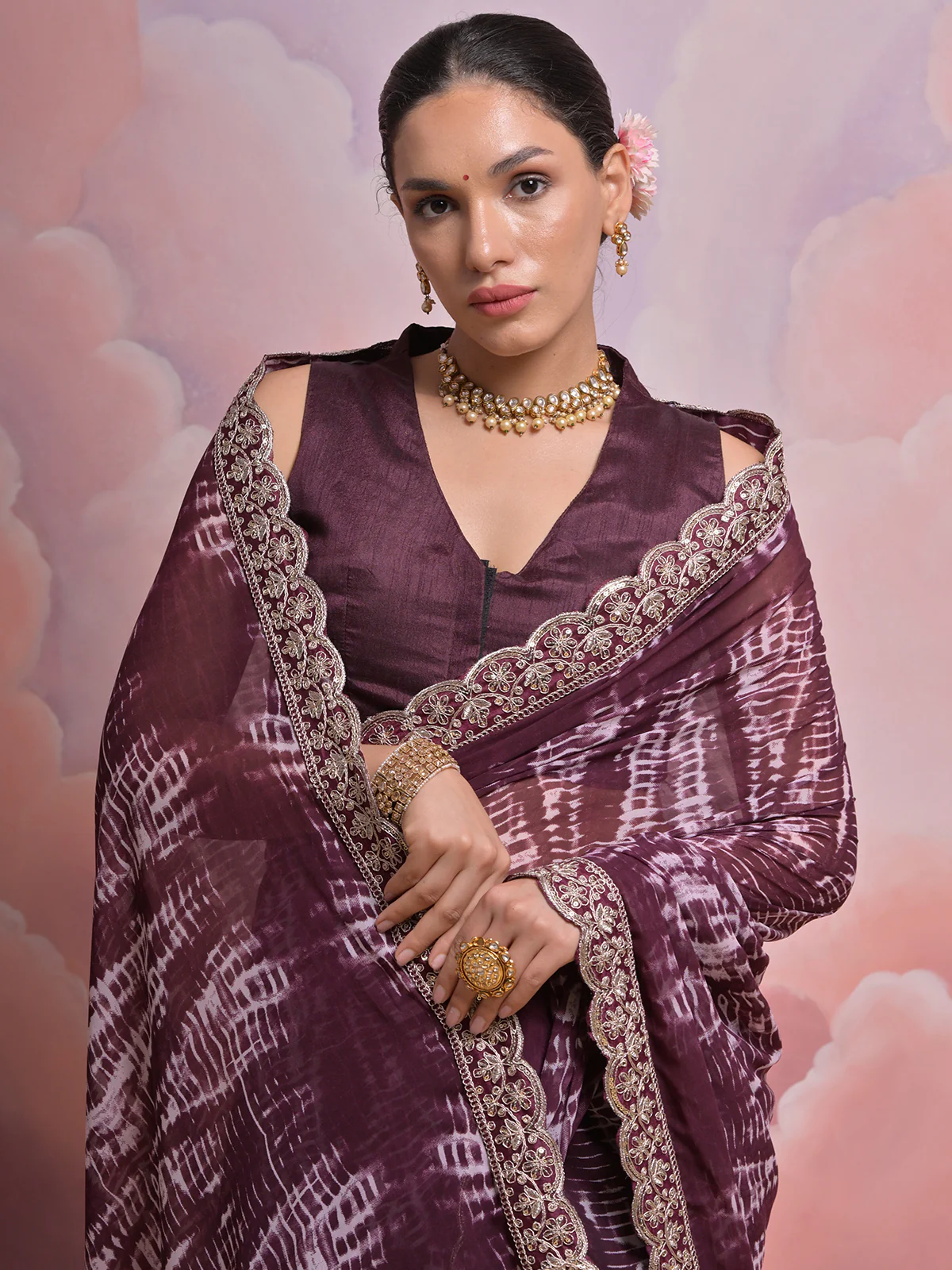 Odette Wine Printed Georgette  Saree With Unstitched Blouse For Women - Image 5