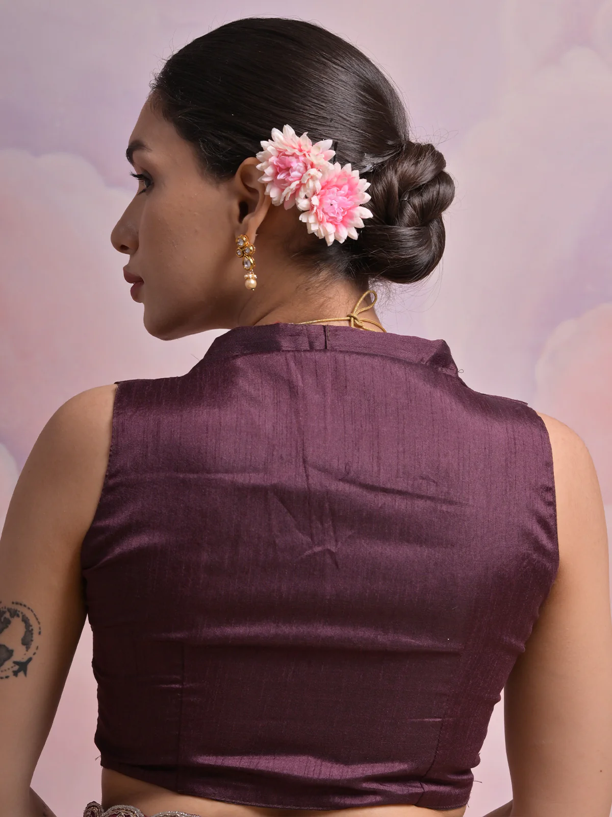 Odette Wine Printed Georgette  Saree With Unstitched Blouse For Women - Image 7