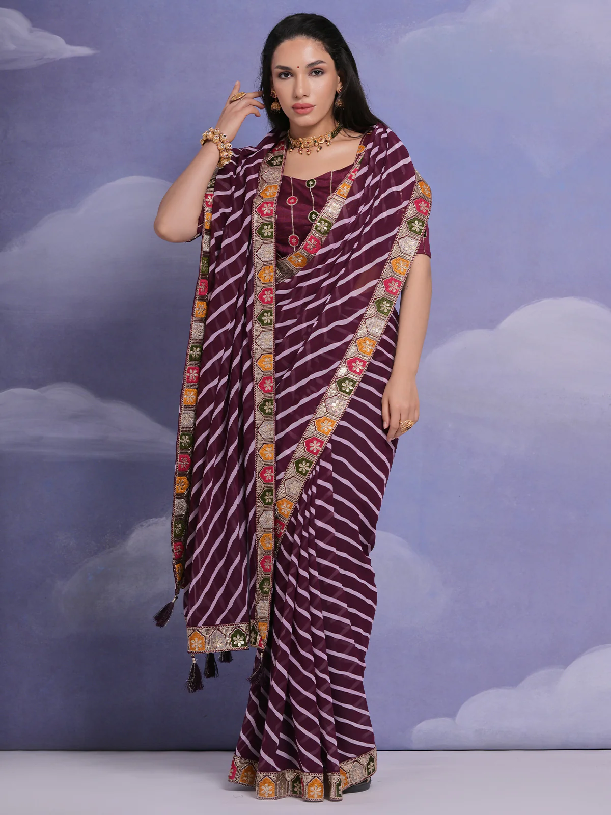 Odette Wine Printed Georgette Saree With Unstitched Blouse For Women - Image 3