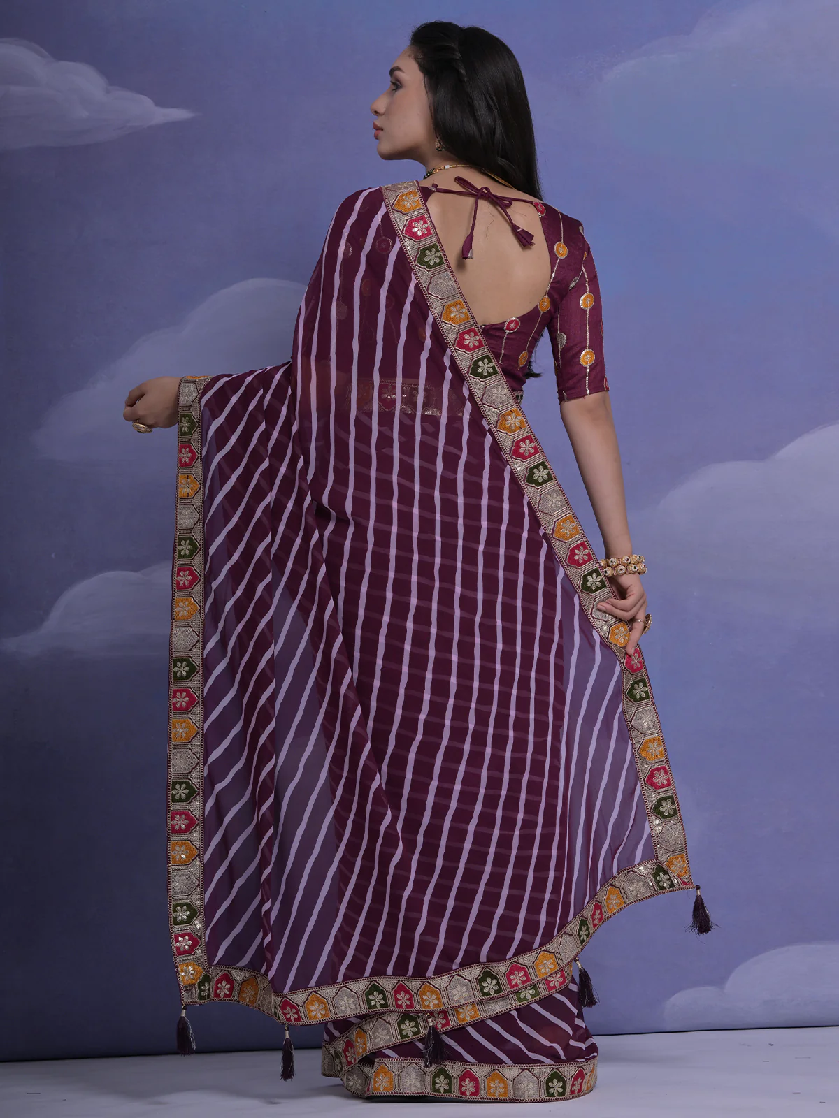 Odette Wine Printed Georgette Saree With Unstitched Blouse For Women - Image 4