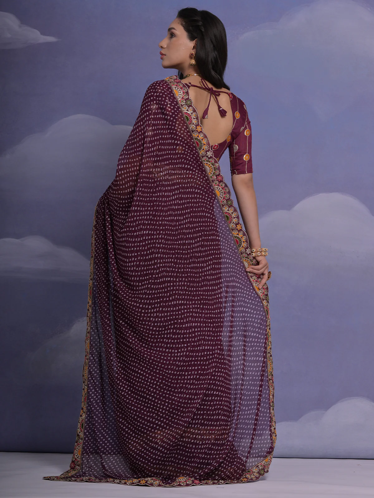 Odette Wine Printed Georgette Saree With Unstitched Blouse For Women - Image 4