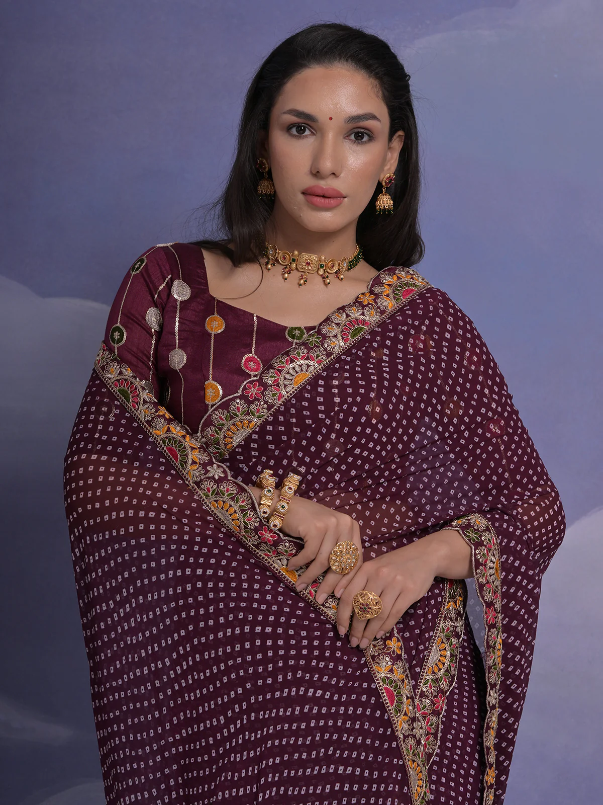 Odette Wine Printed Georgette Saree With Unstitched Blouse For Women - Image 5