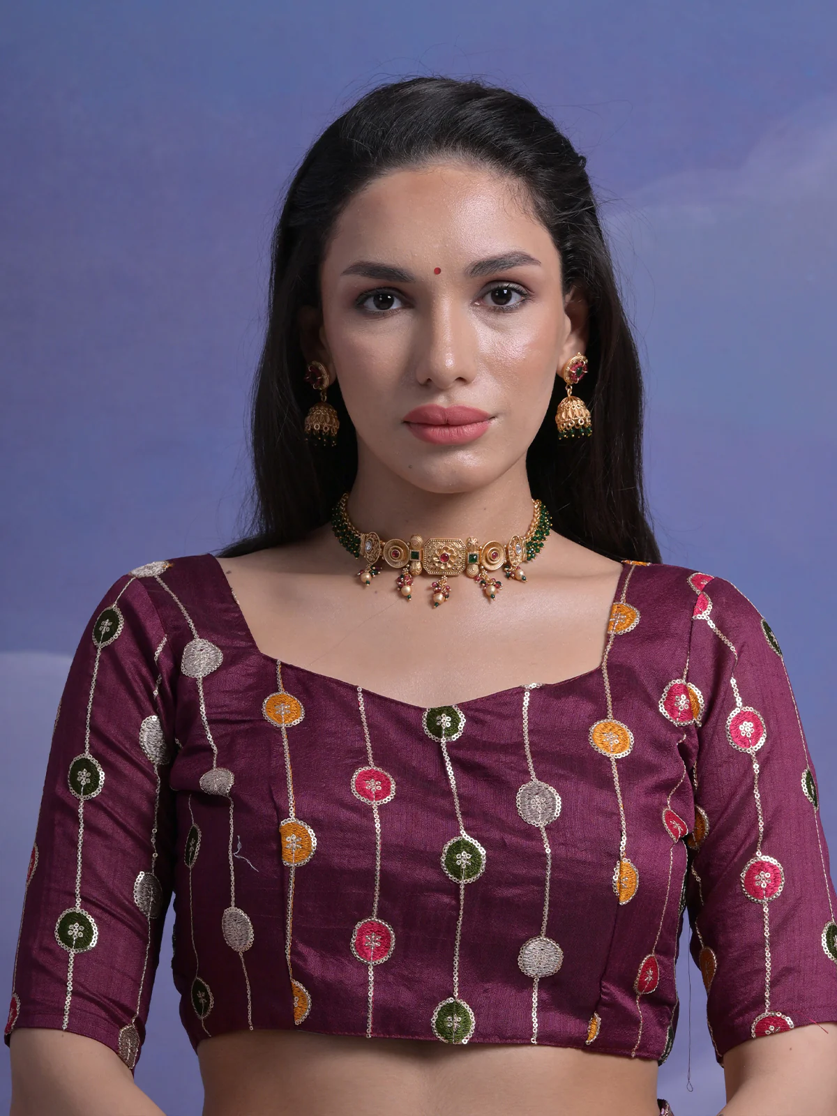 Odette Wine Printed Georgette Saree With Unstitched Blouse For Women - Image 6