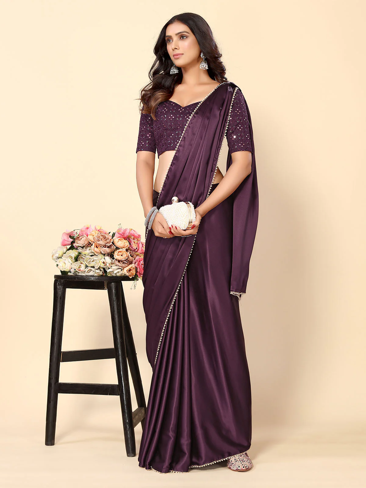 Odette Wine Satin Embellished Saree With Unstitched Blouse For Women - Image 2