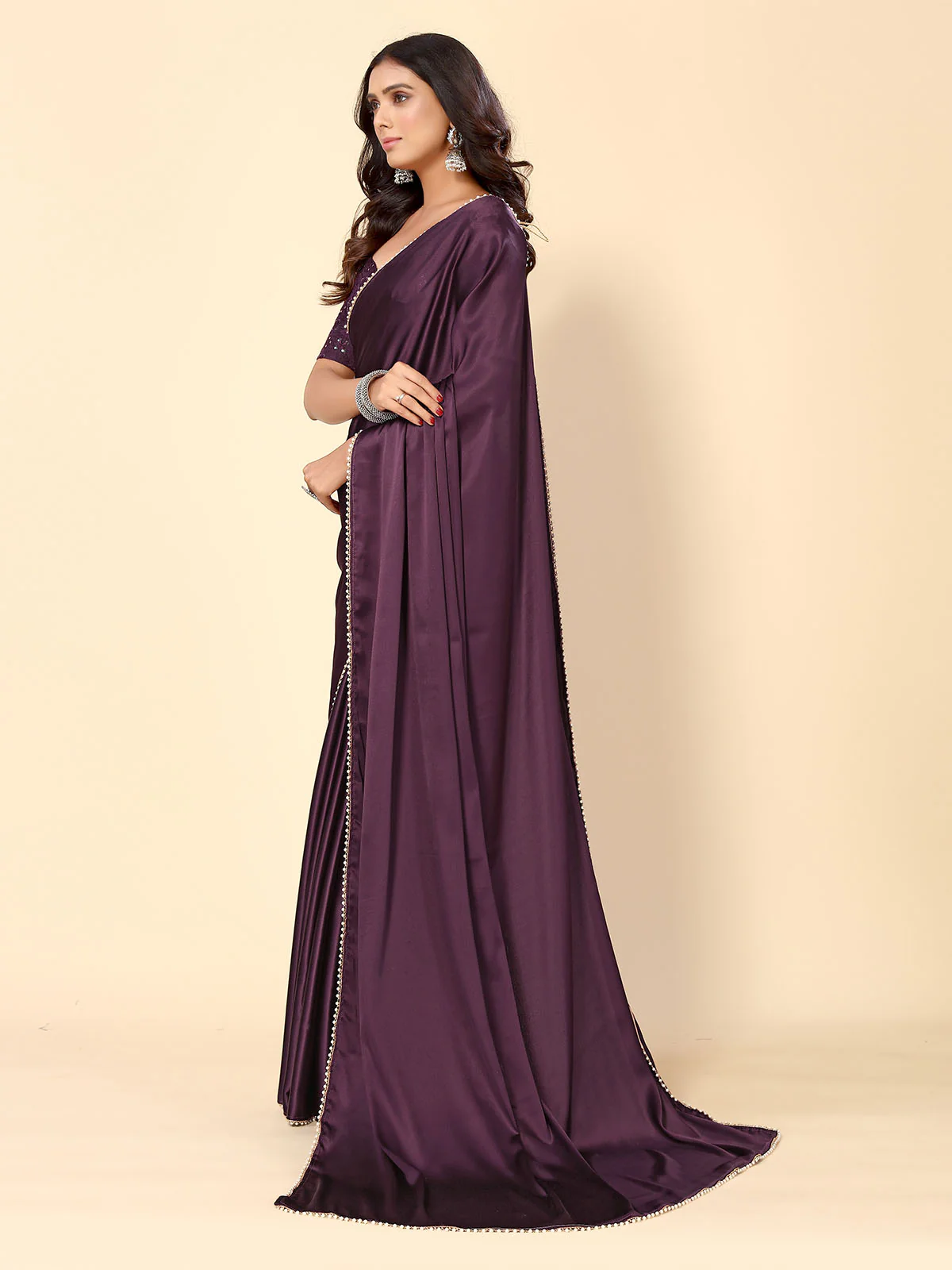 Odette Wine Satin Embellished Saree With Unstitched Blouse For Women - Image 3