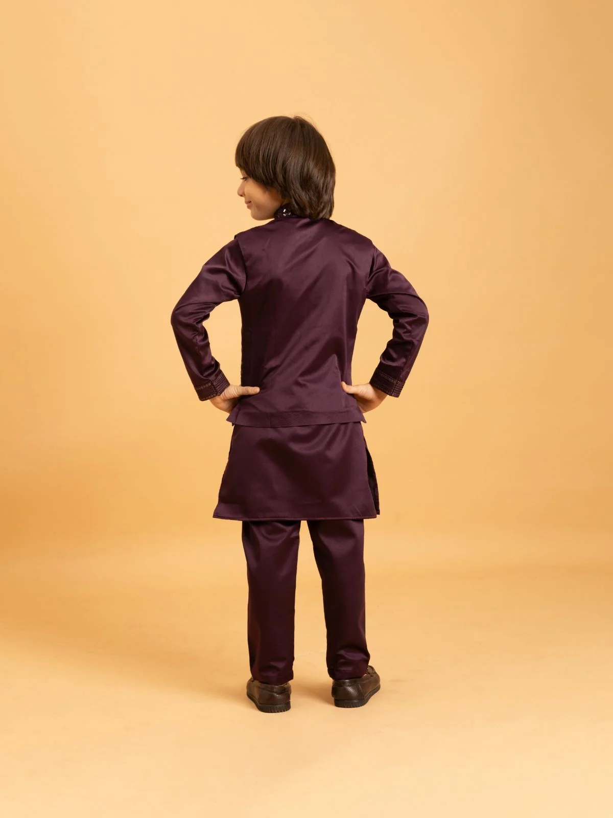 Odette Wine Satin Embellished Stitched Kurta Set For Kids - Image 4